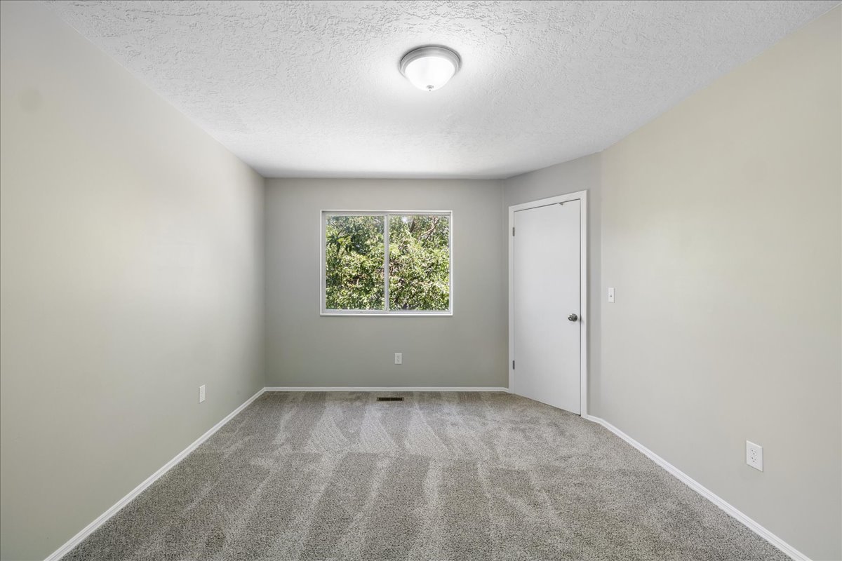 Carpeted room featuring a white interior door, a double window, and neutral wall paint
