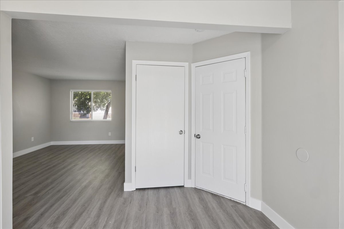Interior space featuring neutral gray walls, wood-finish flooring, white baseboards, and two white panel doors
