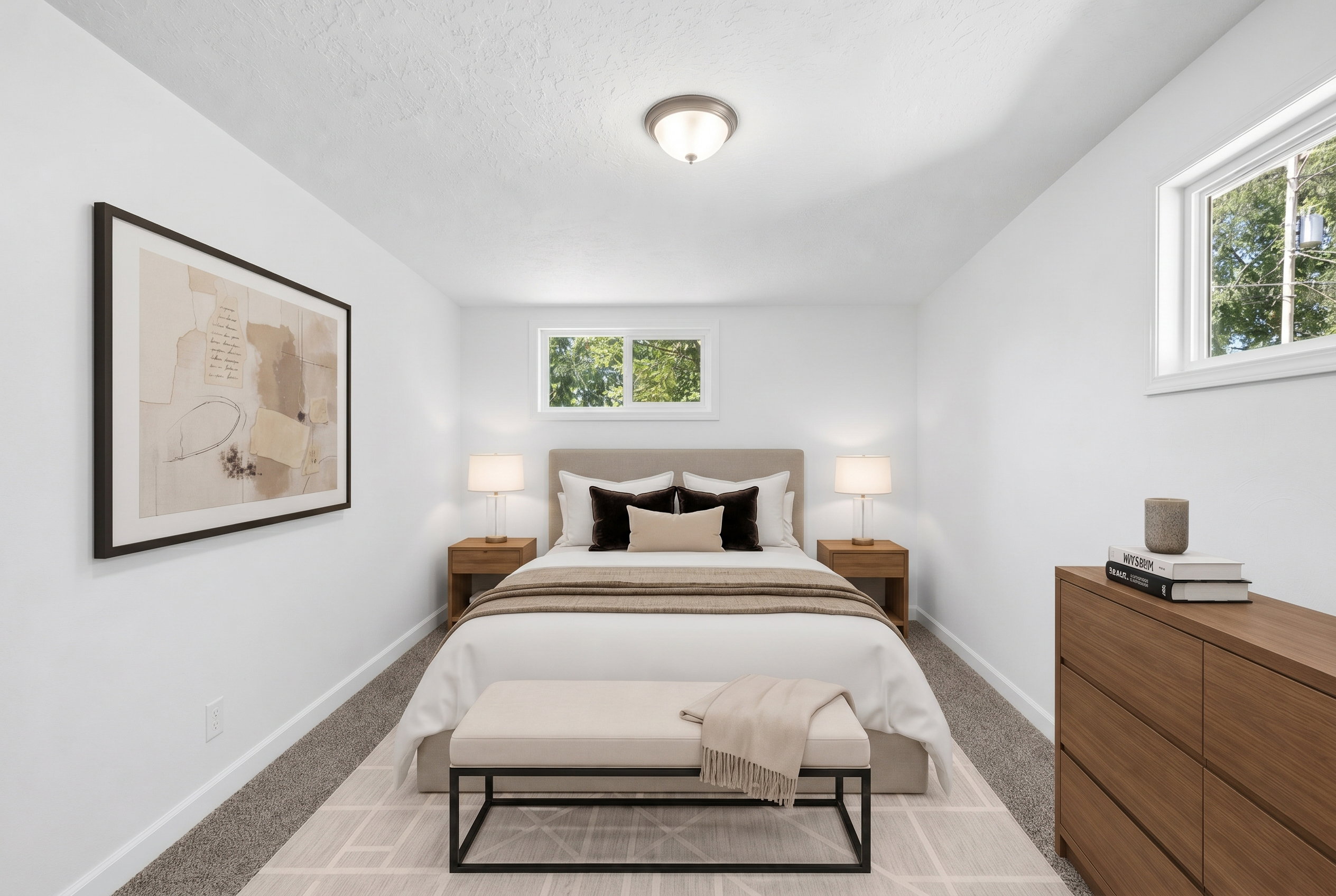 Recessed windows, neutral color palette, and flush-mount ceiling fixture