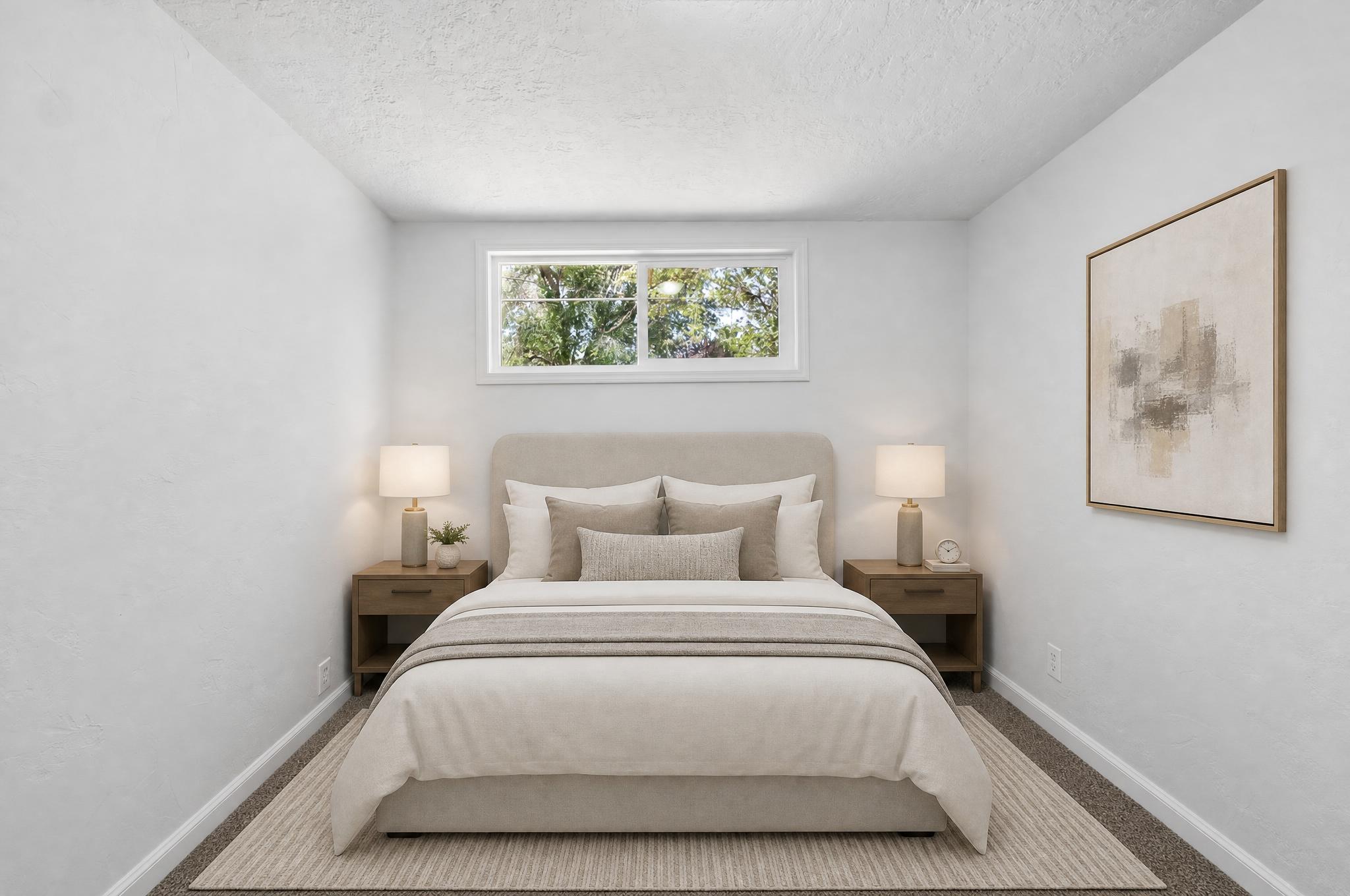 Bedroom featuring neutral-toned walls, white trim, and a window offering natural light