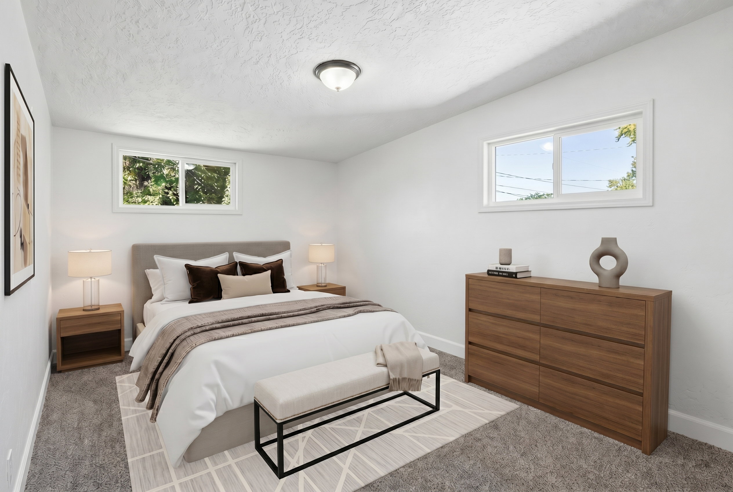 Bedroom featuring light gray carpeting, two windows with white frames, a textured ceiling, a flush-mount ceiling light, and white painted walls
