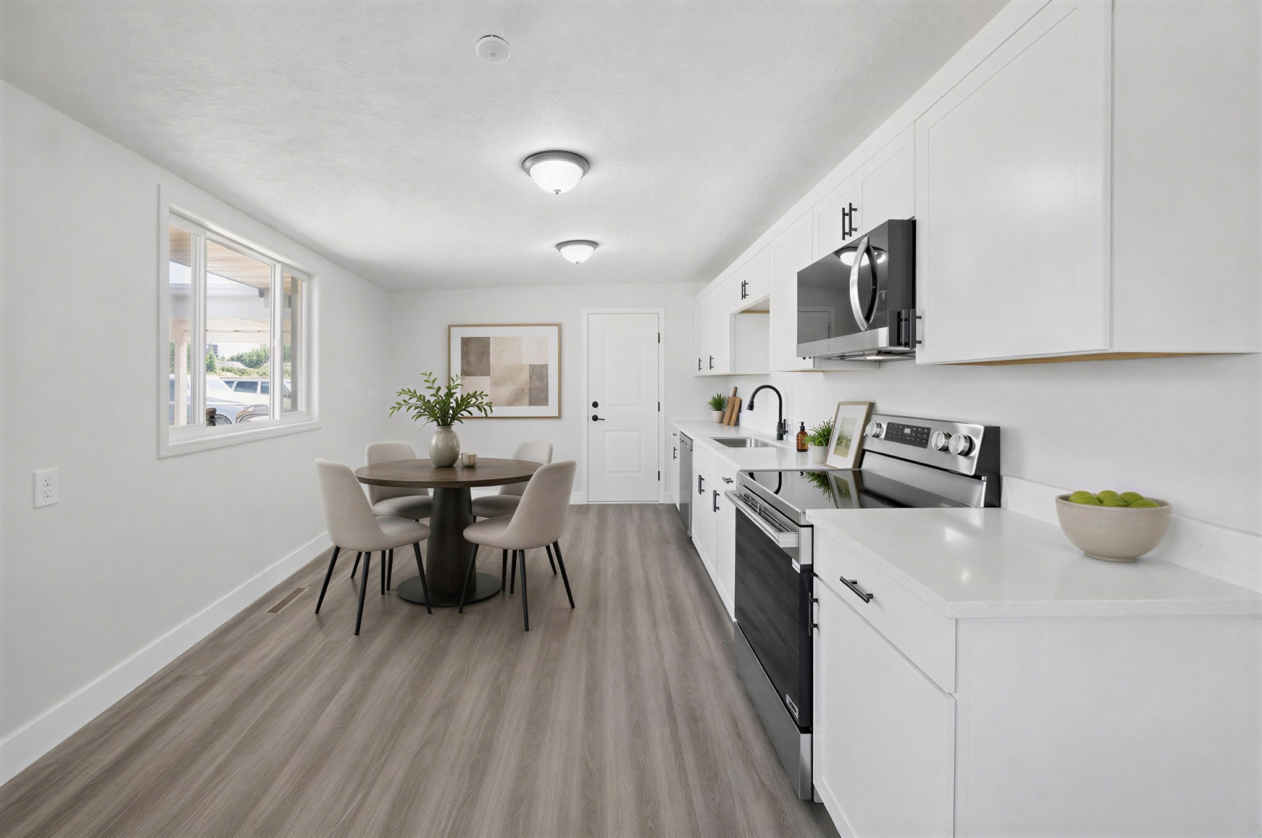 Bright kitchen featuring white cabinetry, light-toned countertops, and stainless steel appliances