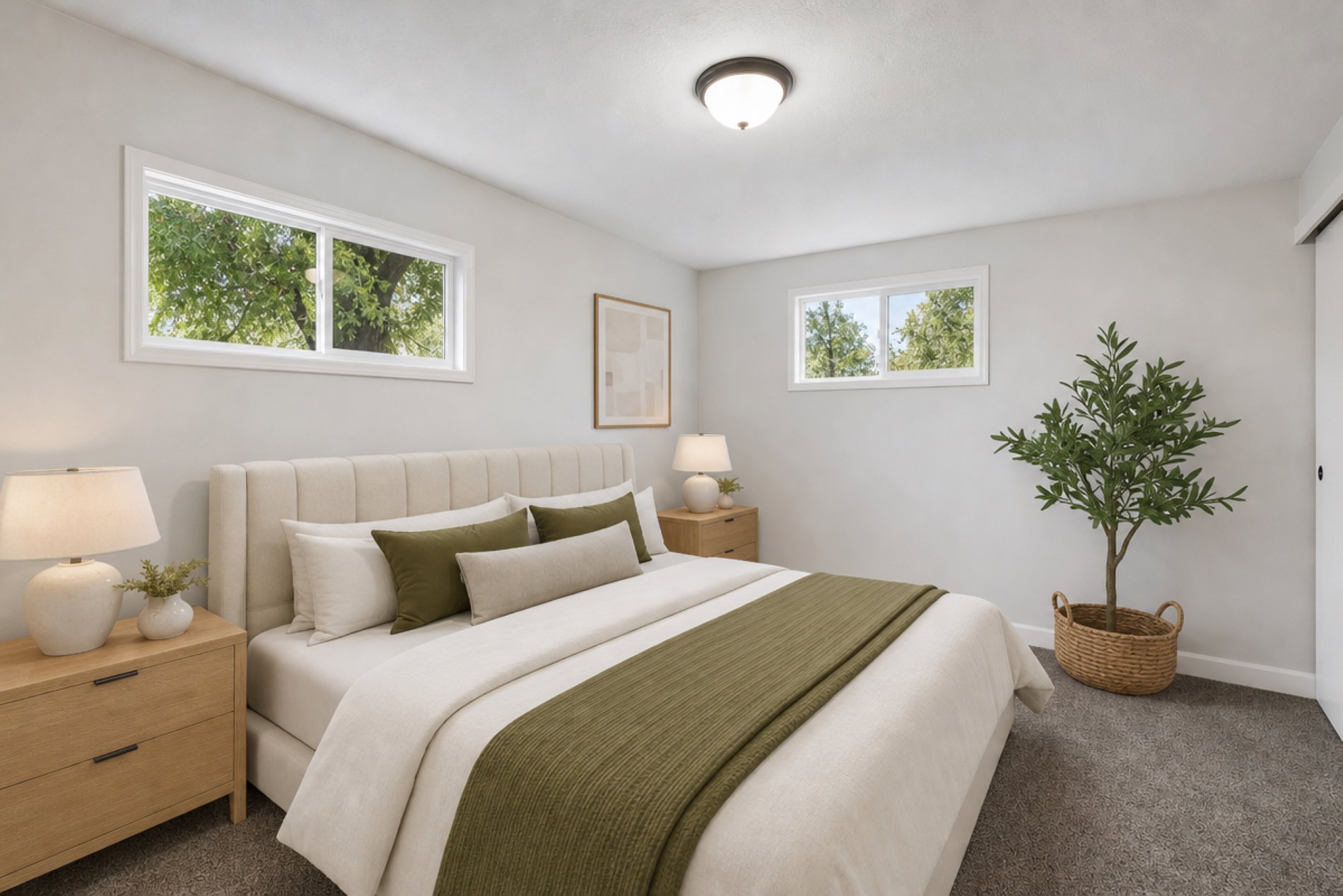 Neutral tone wall paint, white trim, recessed light fixture, carpeted flooring, and a sliding barn door