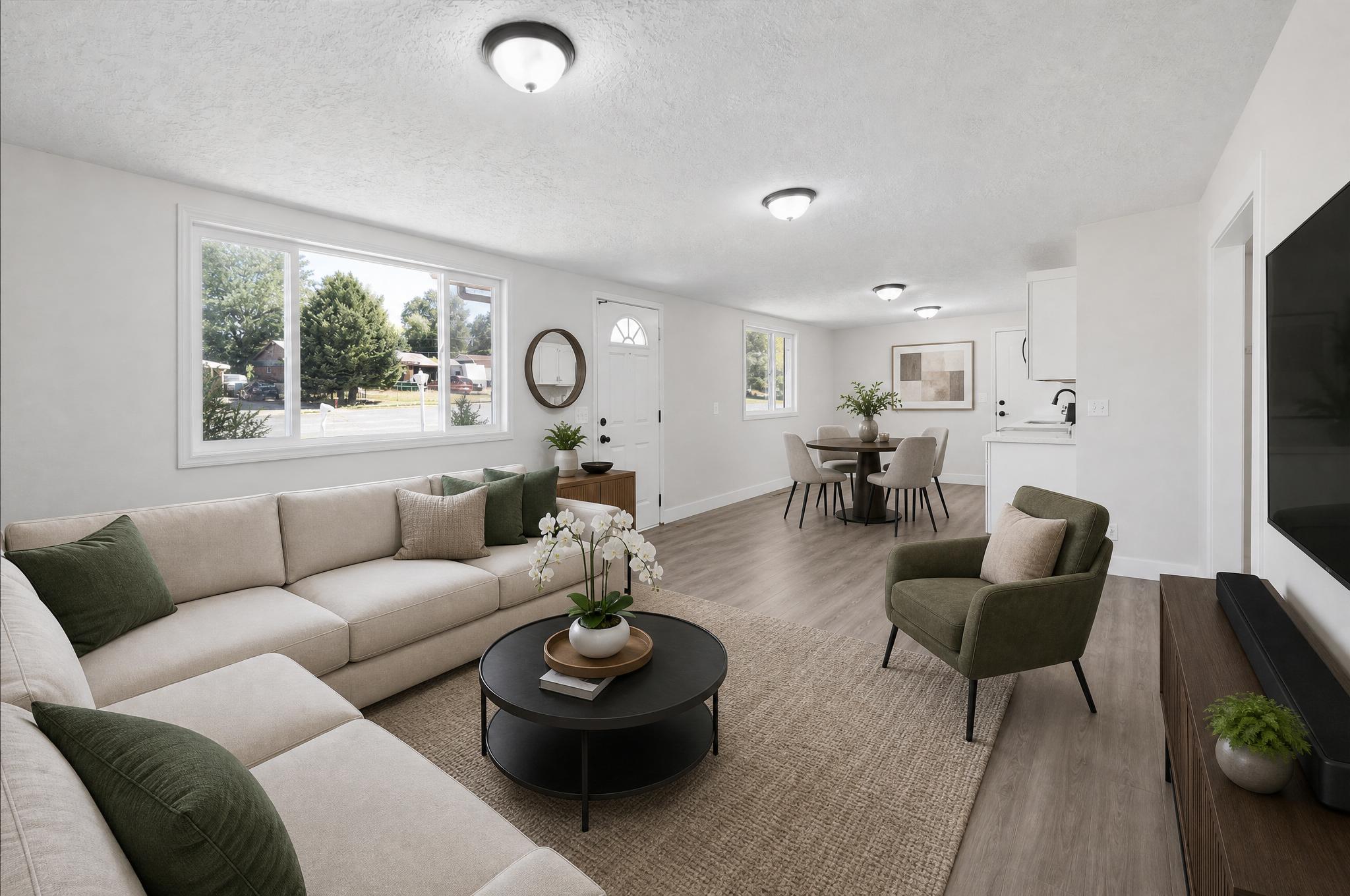 Spacious living area featuring light wood-finish flooring and multiple windows with white trim