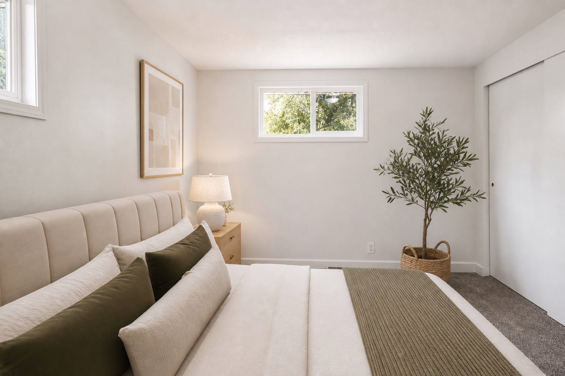Bedroom featuring two windows, light gray walls, and carpet flooring