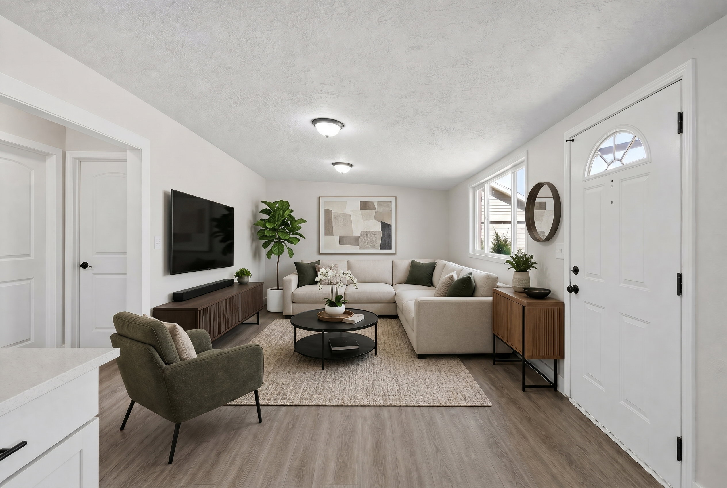 Open-concept living area featuring wood-finish flooring, recessed lighting, and white trim