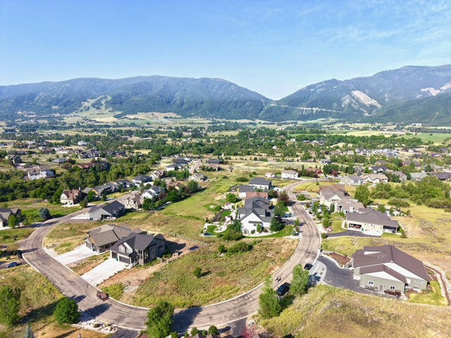 Expansive aerial view of a residential community featuring diverse architectural styles, curvilinear streets, and verdant landscaping