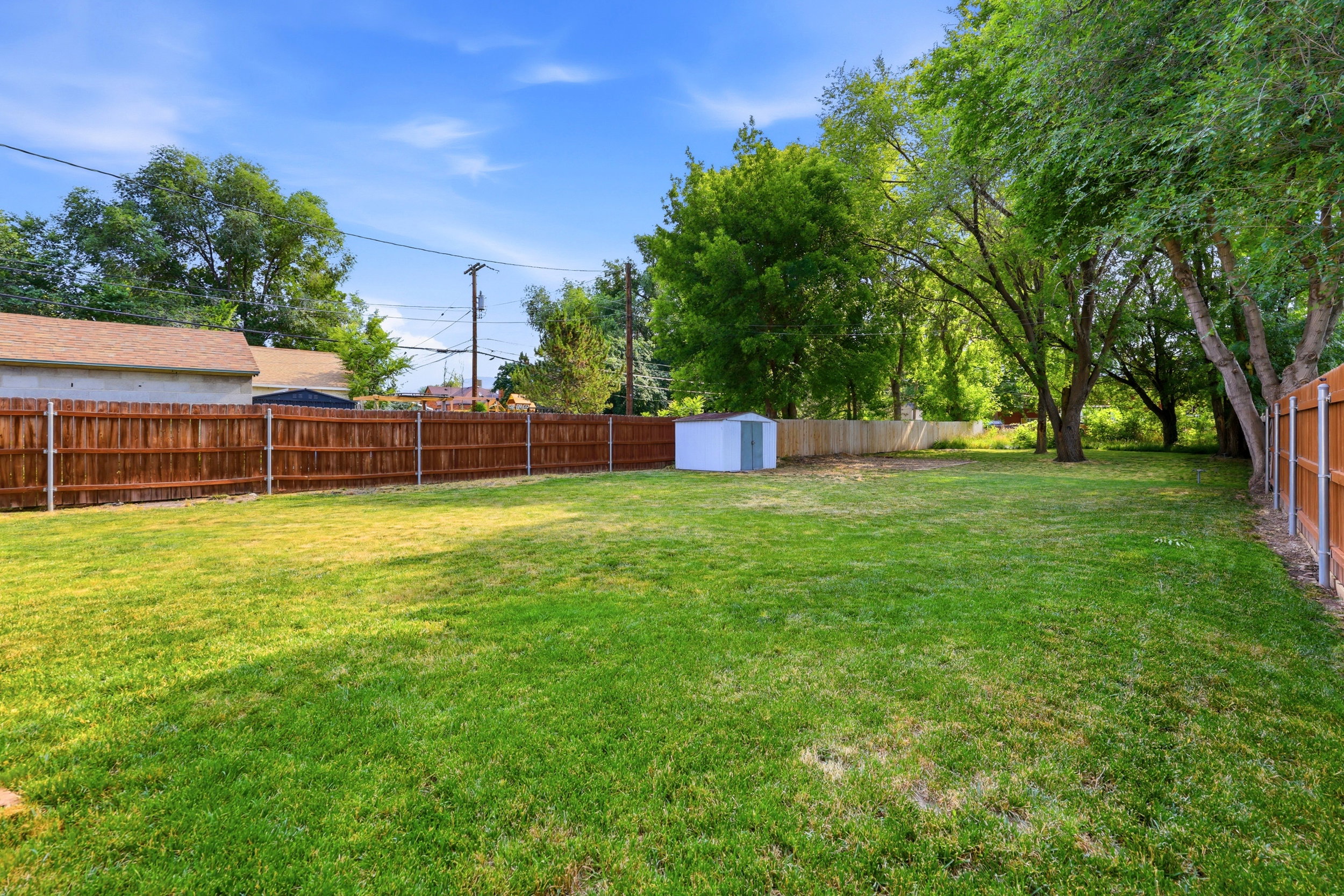 Expansive green lawn with mature trees and a full privacy fence