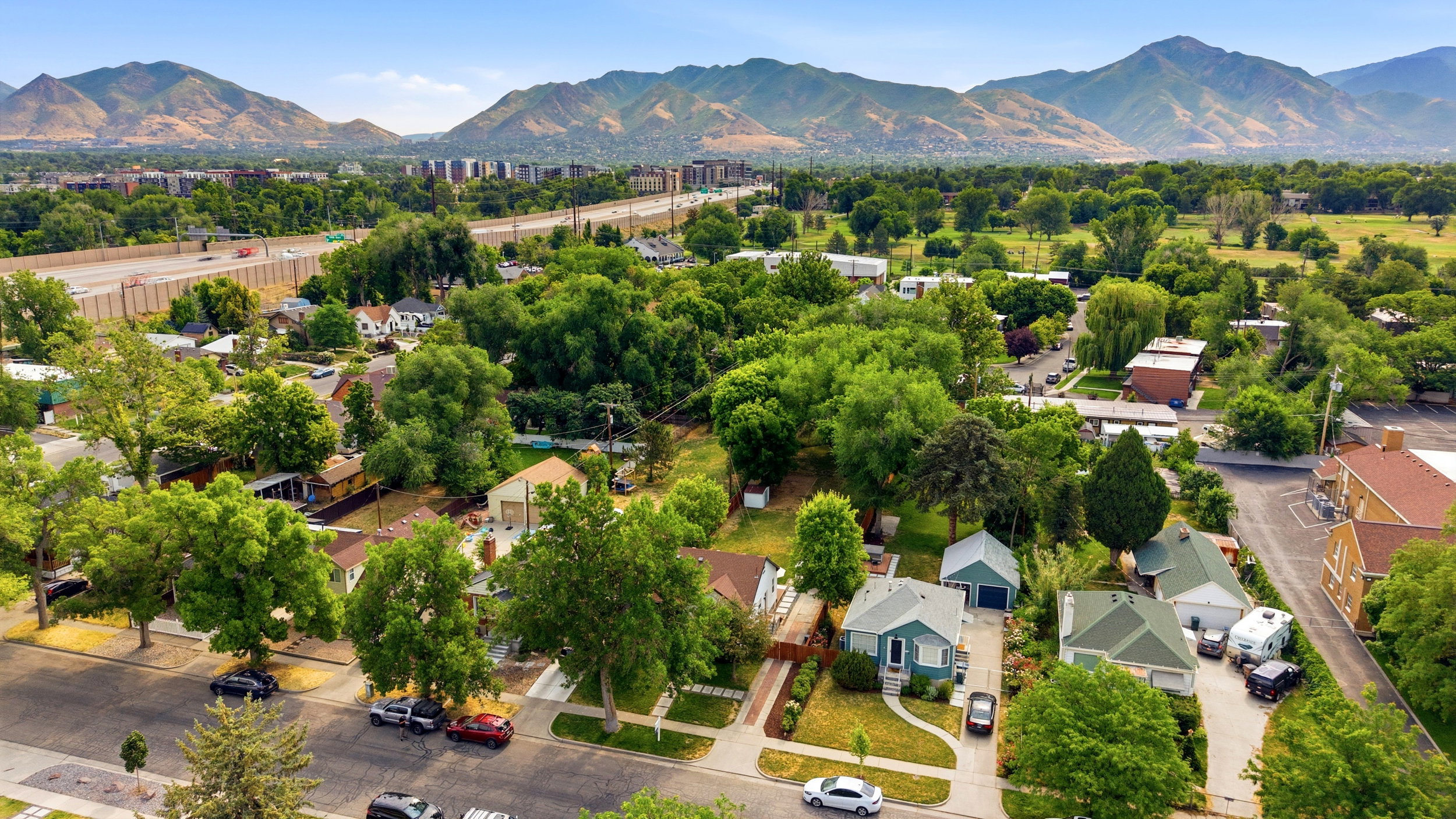 Aerial perspective showcasing a residential area with varied housing styles and mature tree coverage