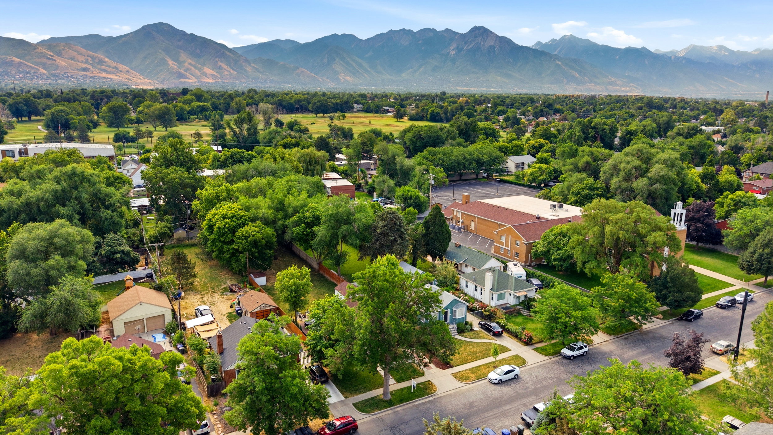 Expansive green landscape with mature trees and mountain backdrop