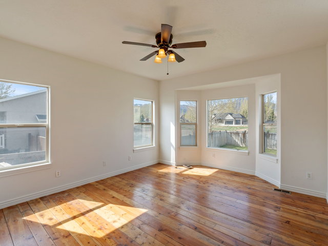 Spacious primary suite featuring wood-finish flooring, a ceiling fan with light fixture, and multiple windows