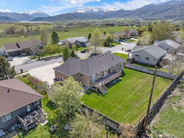 Aerial view of residential area with mountains