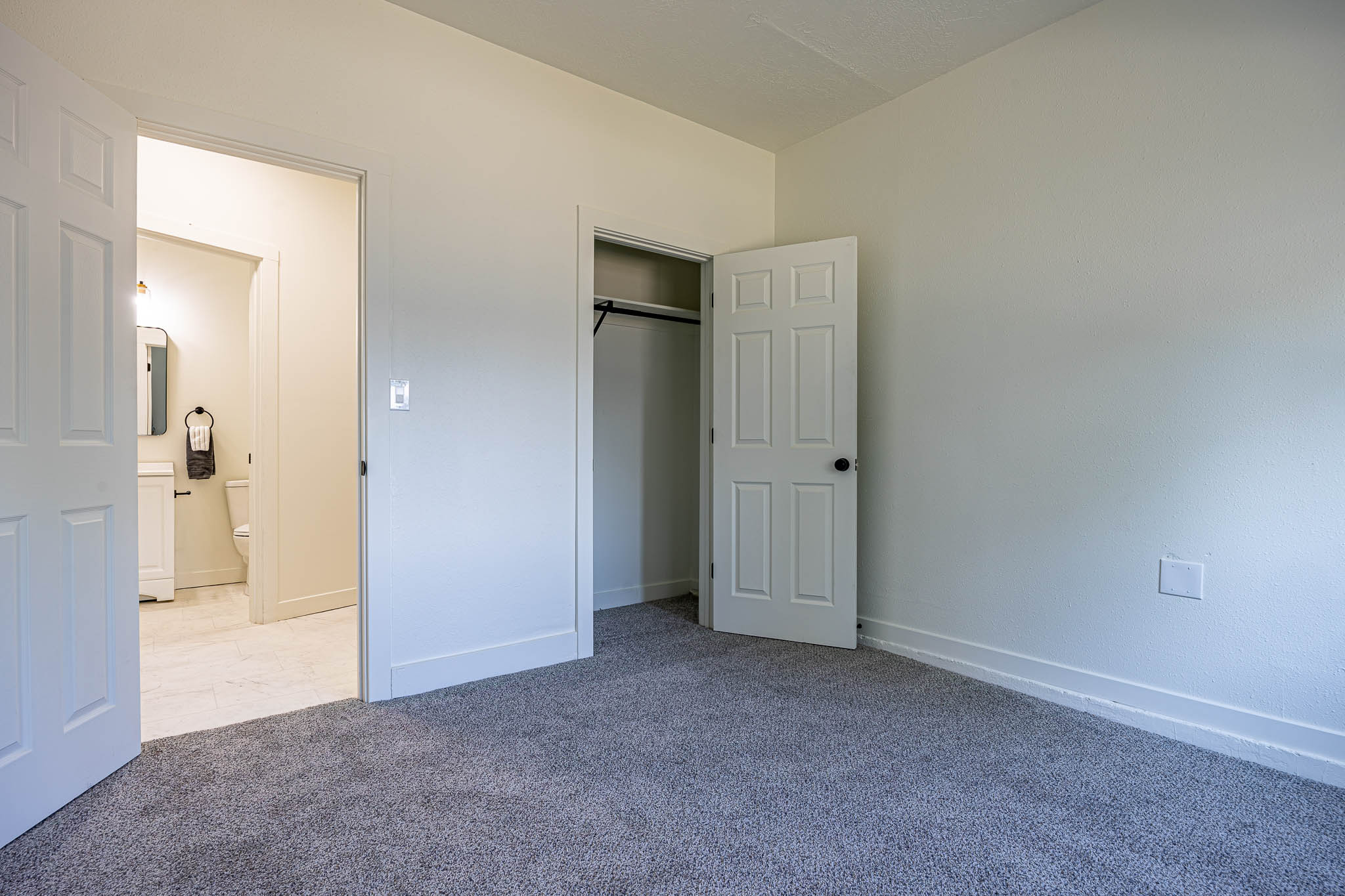 Neutral wall paint, gray carpeting, and white trim work