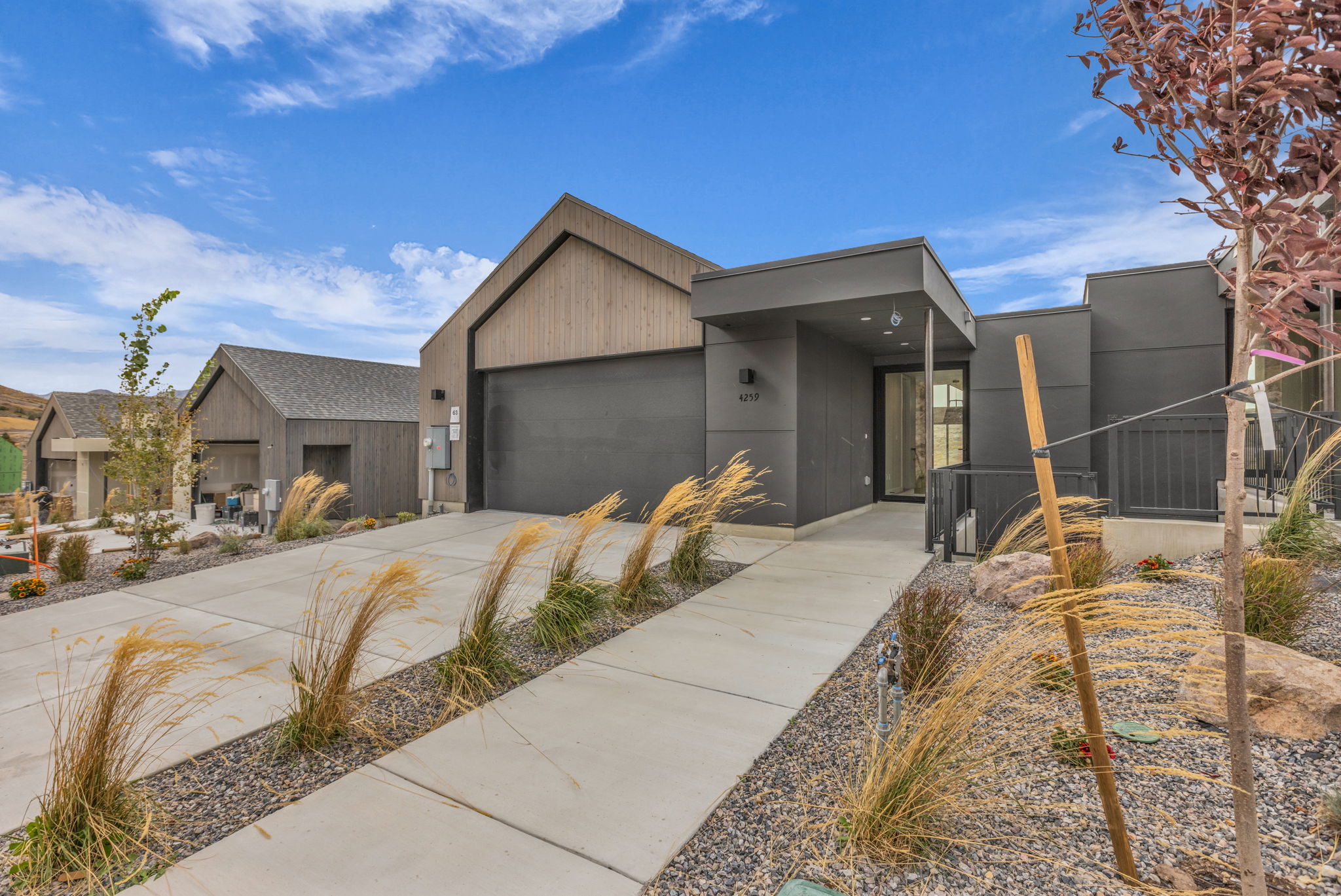 Contemporary architectural design featuring dark grey siding and natural wood-look accents