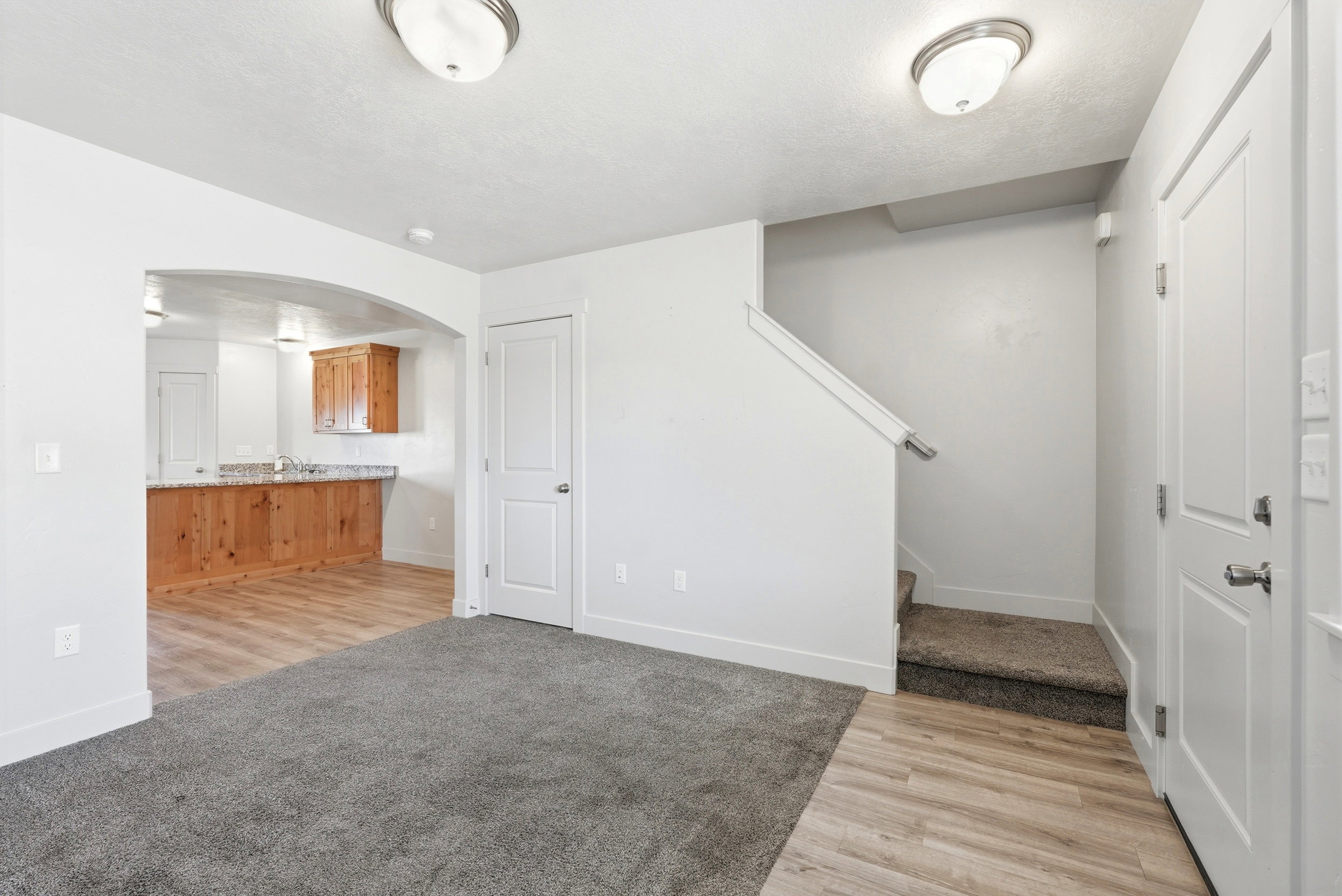 Carpeted living area with light wood-finish flooring extending into the kitchen