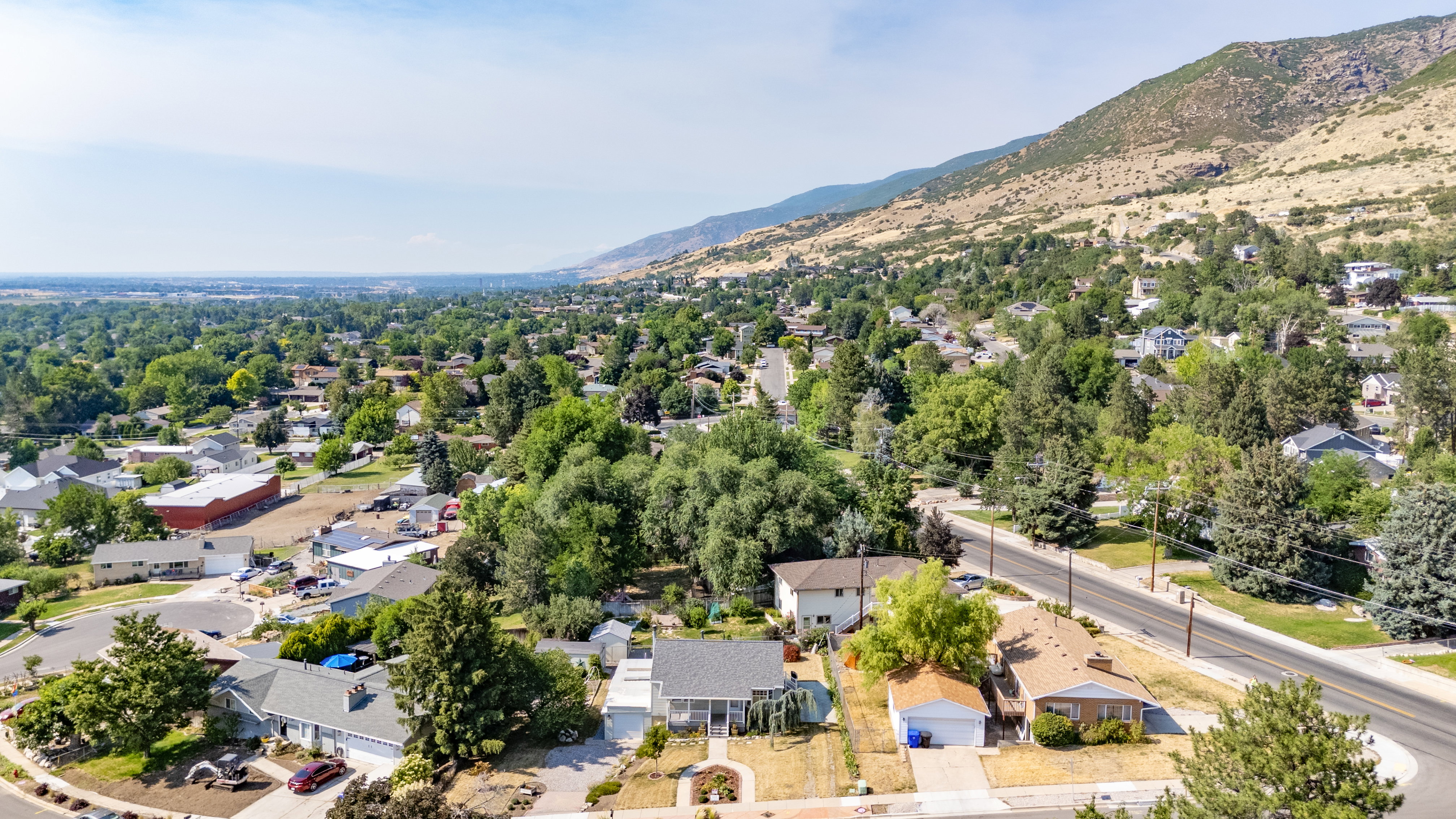 Neighborhood aerial showcasing a prominent mountain backdrop, mature tree canopy, and residential streets