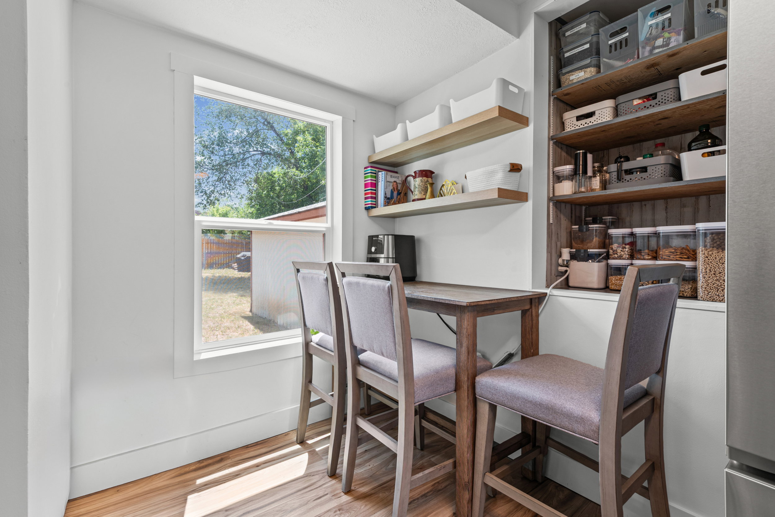 Built-in shelving with wood-finish back paneling