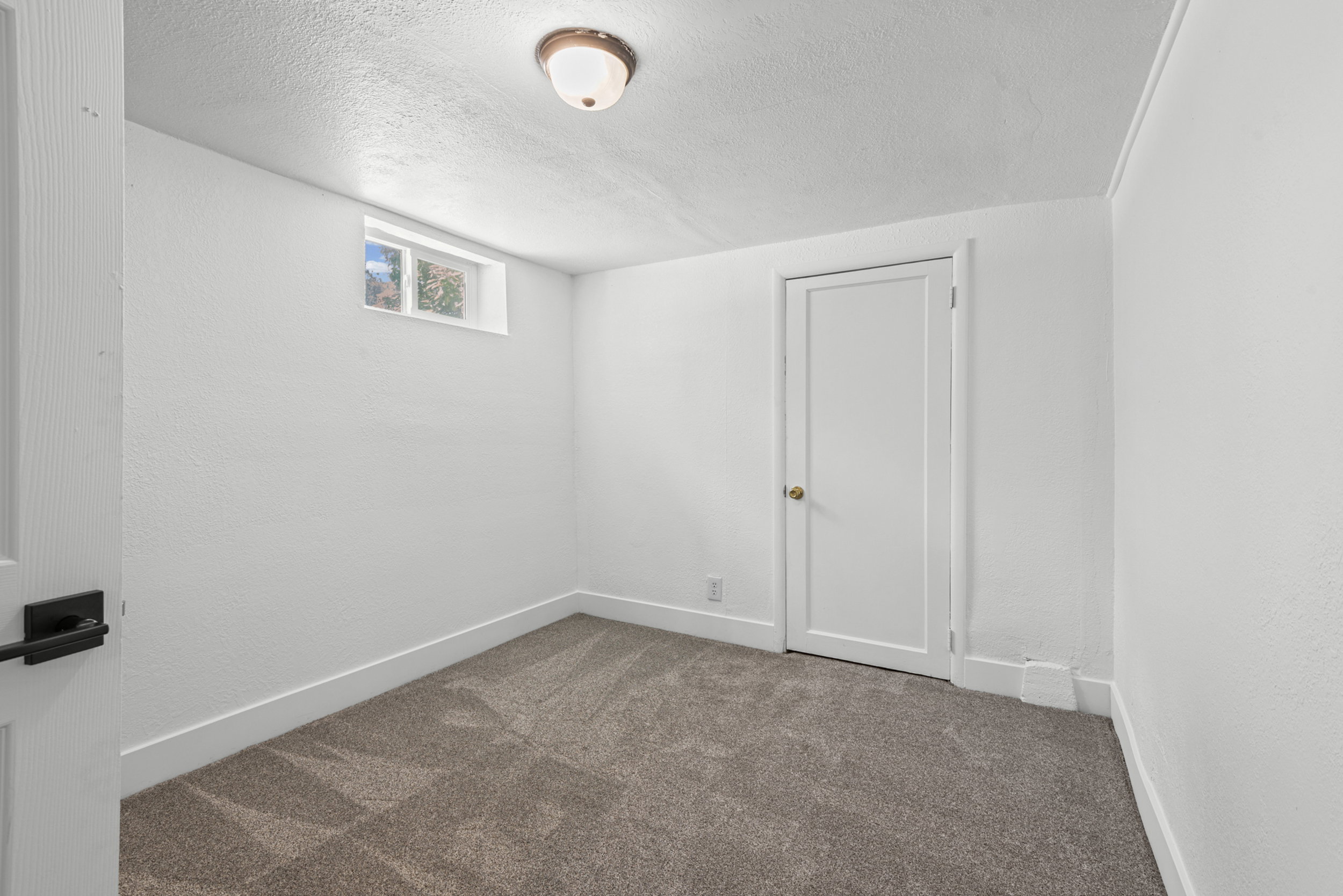 Room featuring neutral-toned carpet, white walls, and a single window