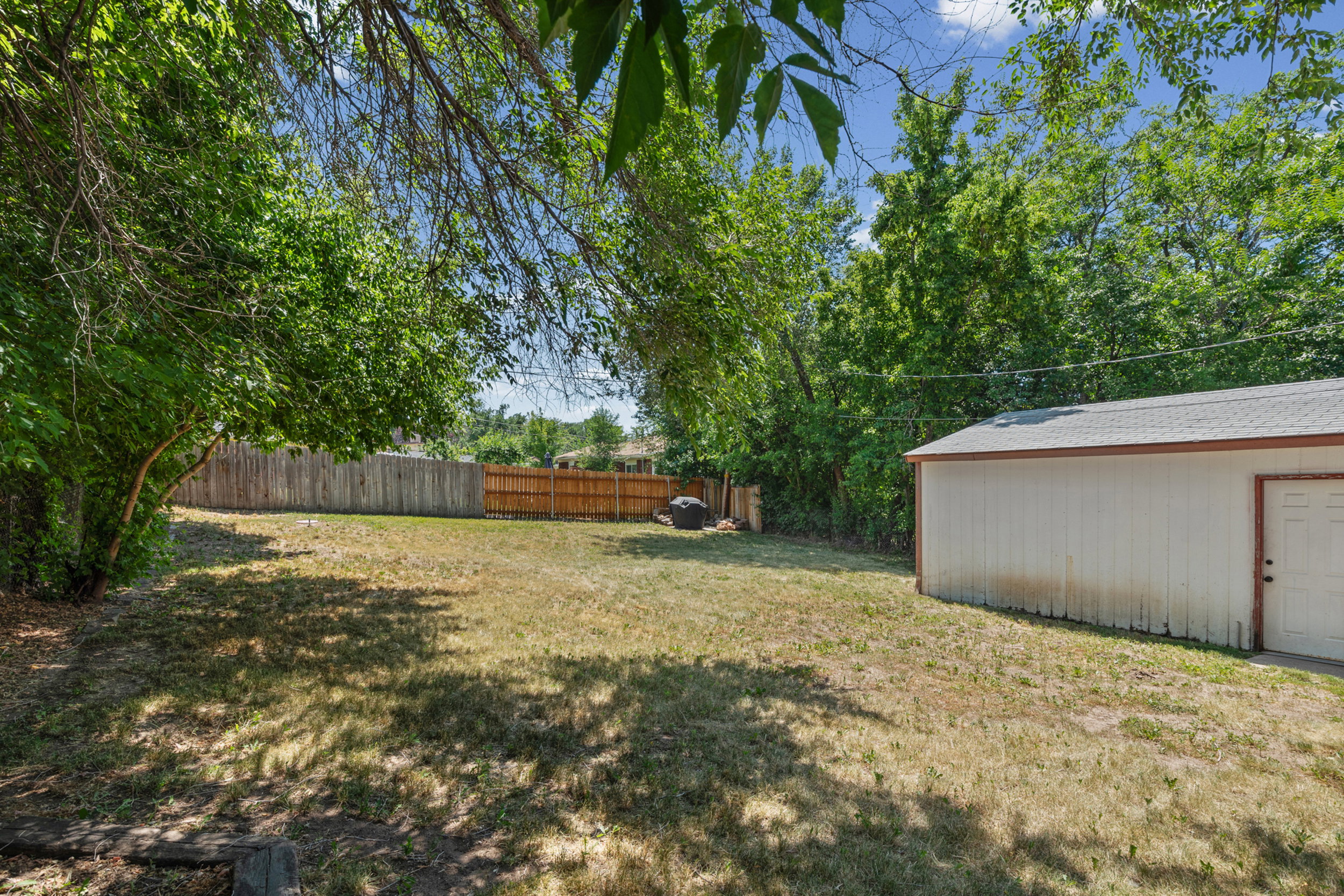 Spacious backyard featuring a utility shed with white siding and a wood door, surrounded by mature trees