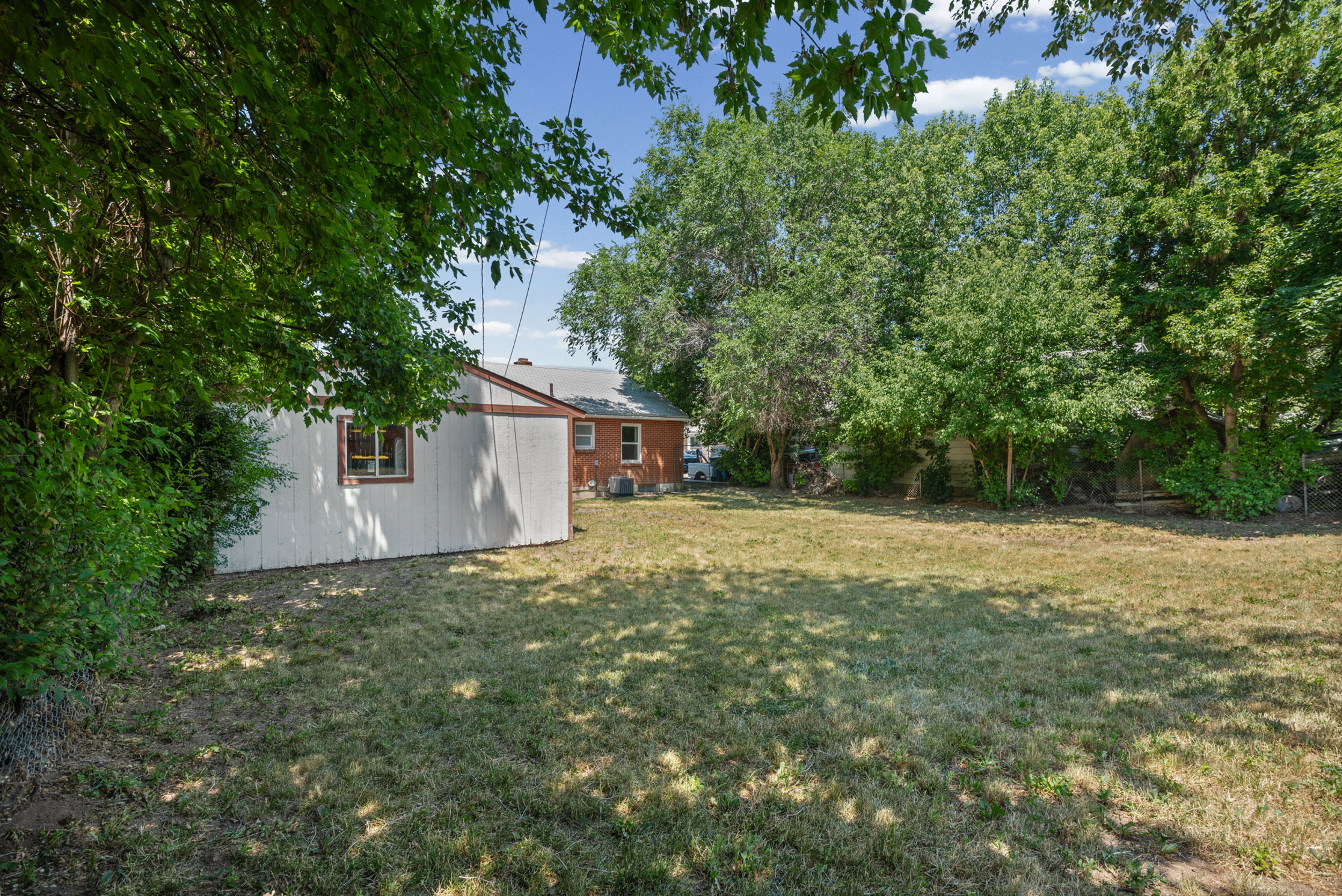 Expansive rear yard featuring mature trees and a detached white-sided shed with a brown trim window