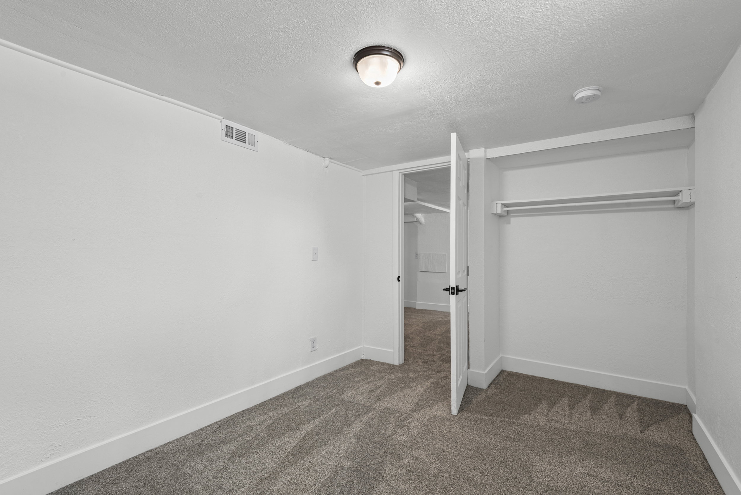 Room featuring textured white walls, gray carpet, white baseboards, a built-in closet with hanging rods, and a ceiling-mounted light fixture