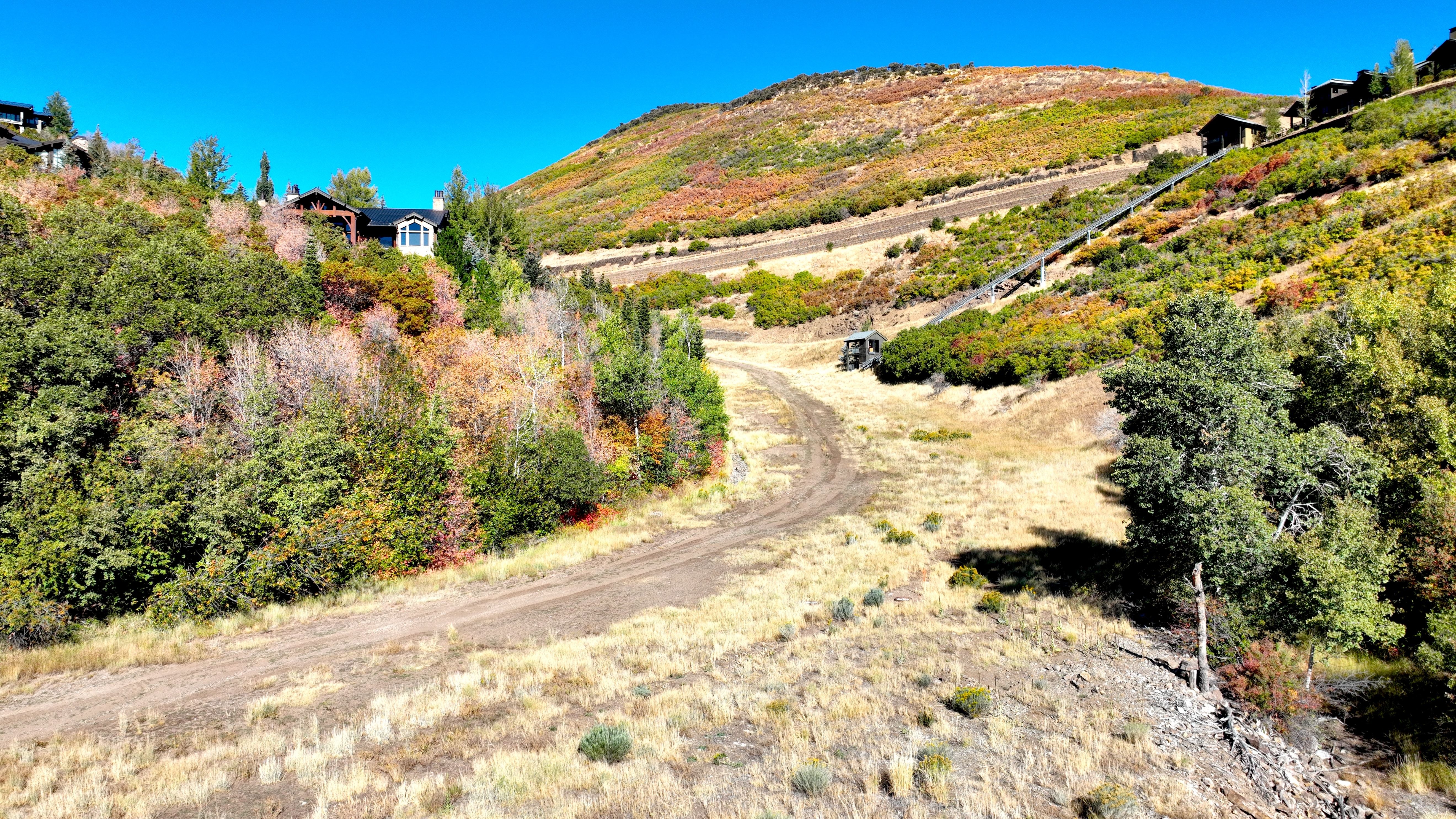 Mountainous terrain featuring vibrant autumn foliage and a dirt road winding through the landscape
