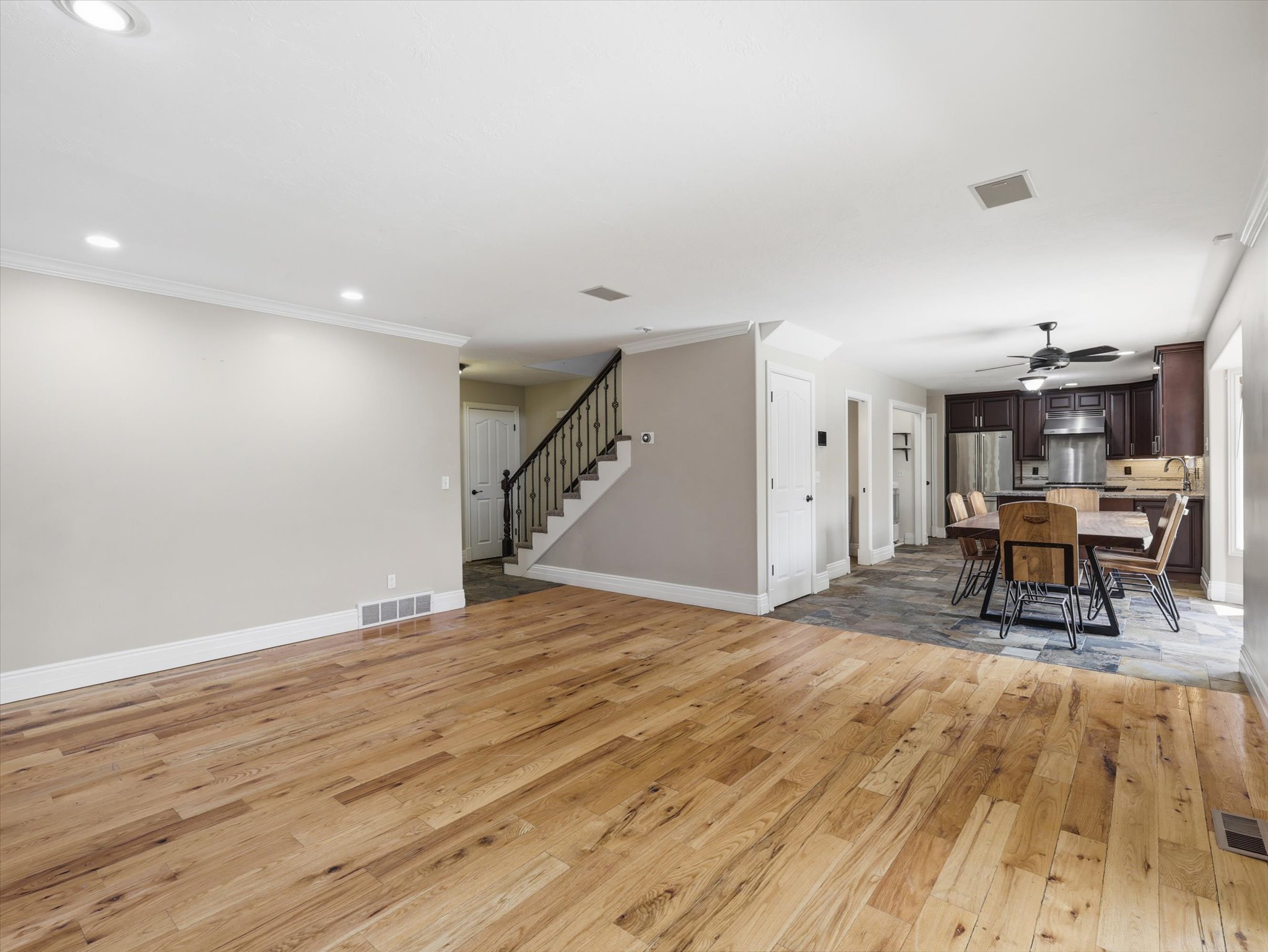 Expansive living area with wood-finish flooring