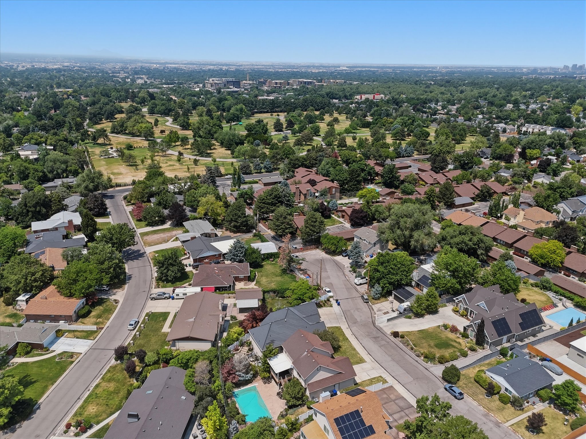 Aerial perspective showcasing a residential neighborhood with a tree-lined streetscape