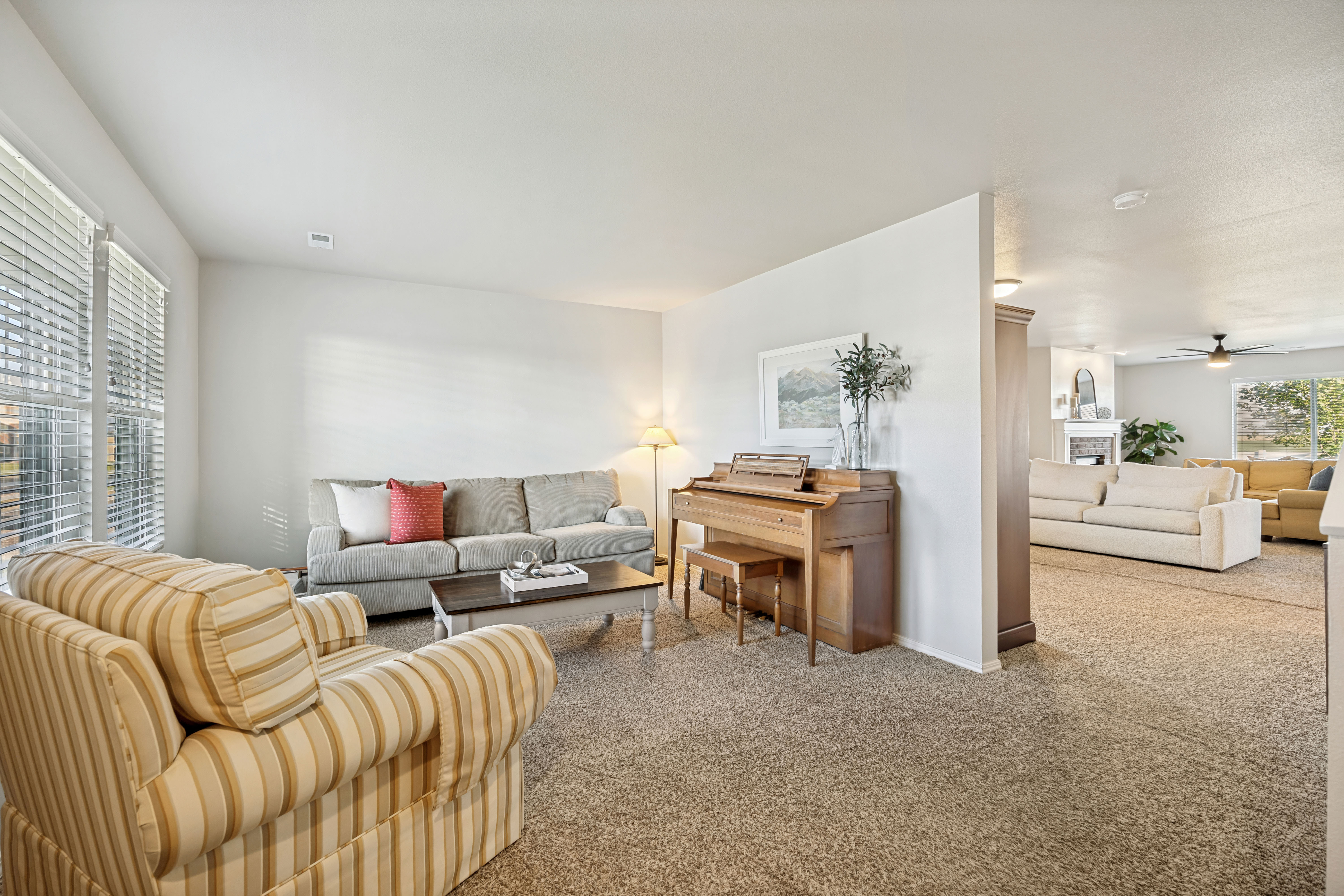 Carpeted living area with white walls and natural light