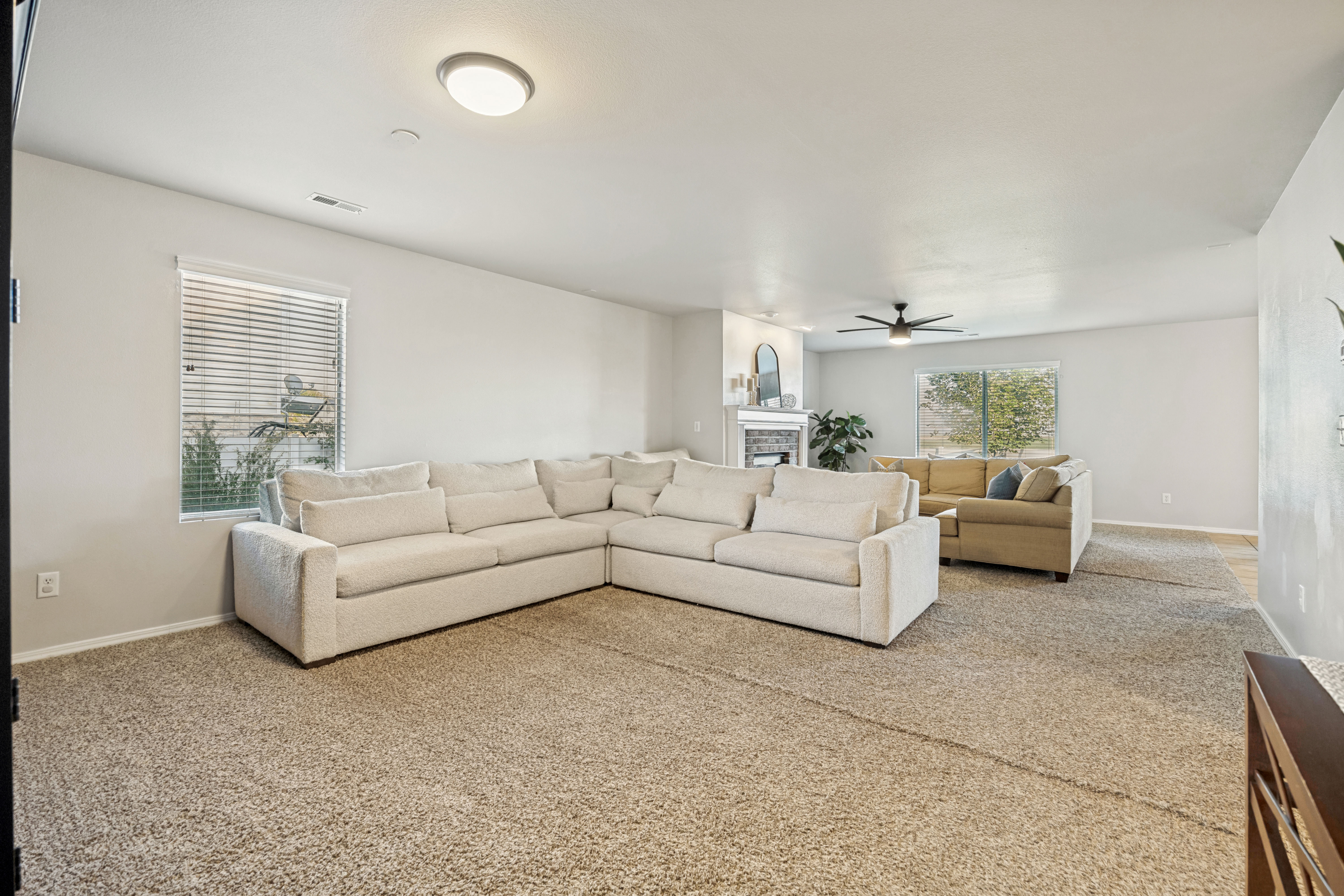 Carpeted living area featuring light-colored walls and multiple windows