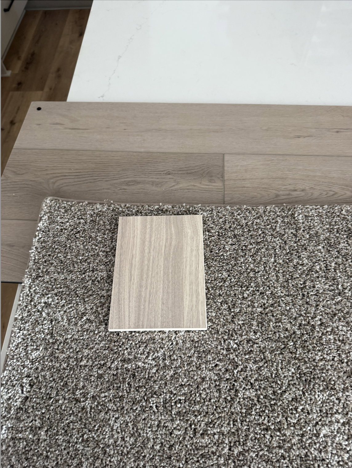 Lots 8, 10, and 12 will all have the light cabinetry throughout. The white countertop with light veining, LVP flooring shown behind the carpet, and carpet as shown.