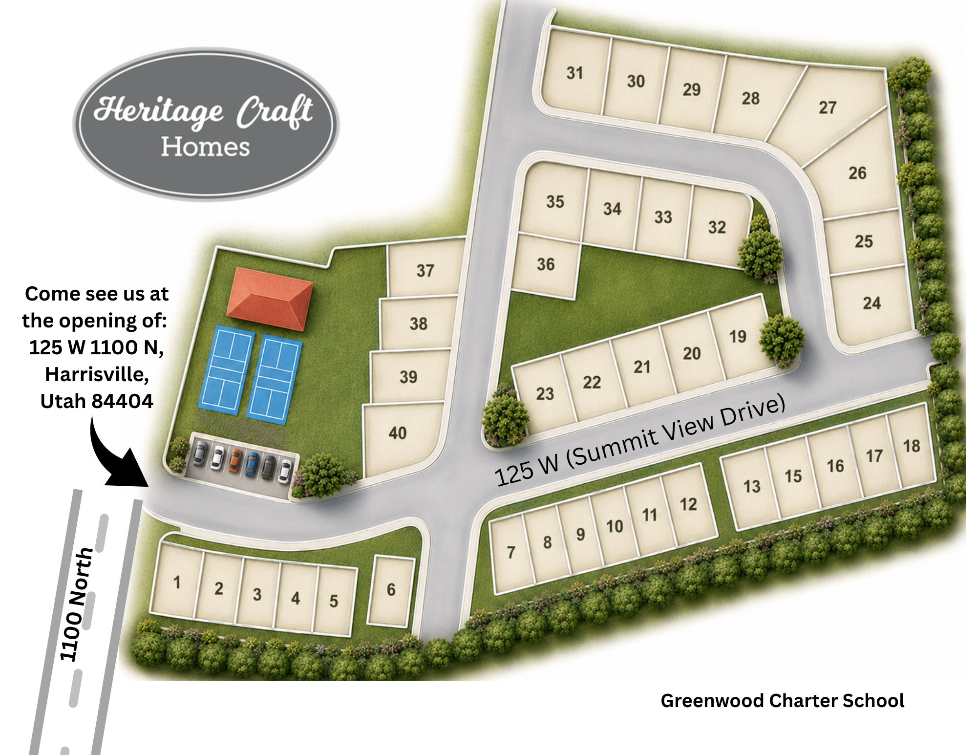 Subdivision Map. Displaying numbered lots, roadways, and community features within the property