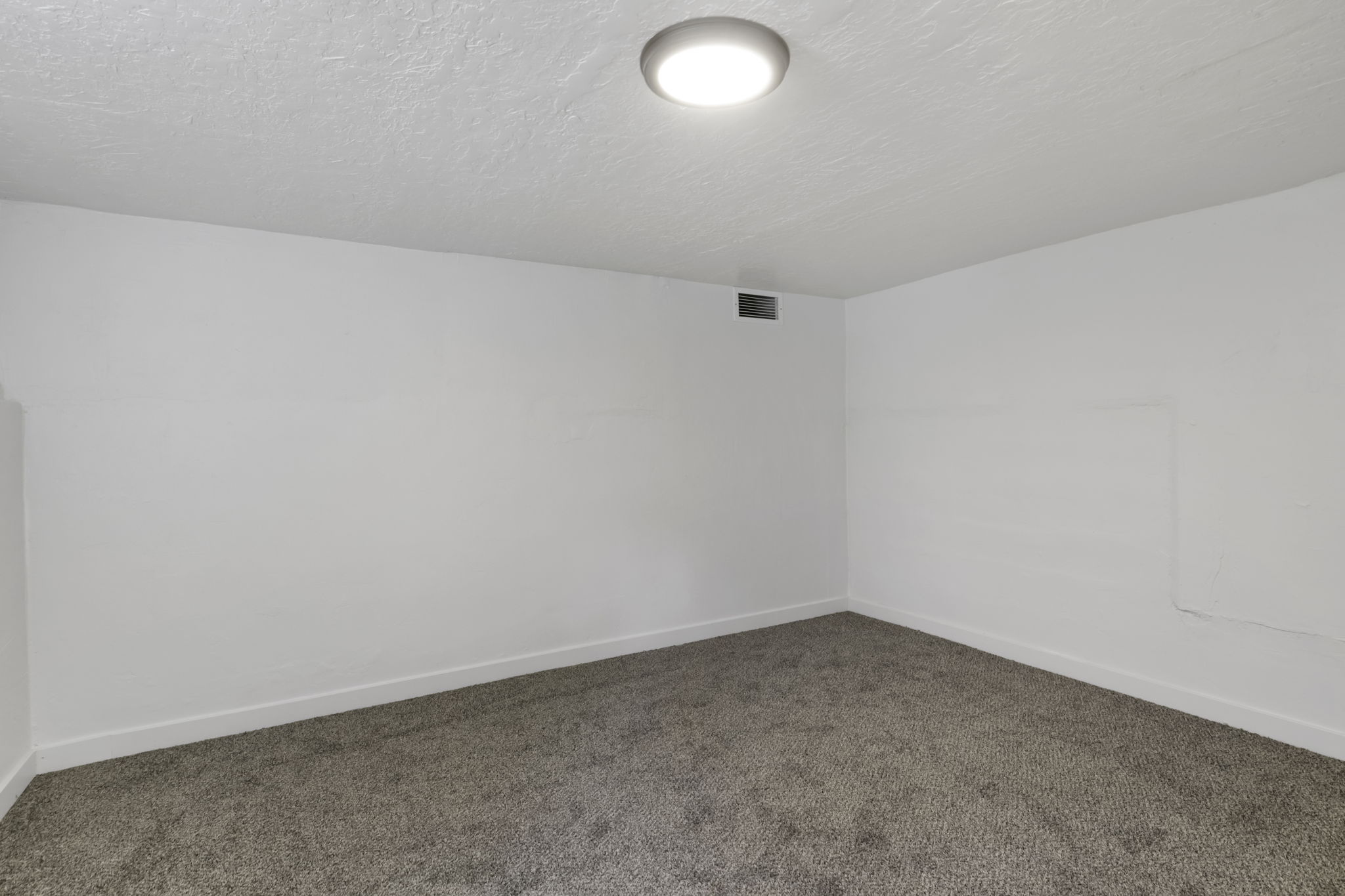 Neutral wall palette with textured ceiling, flush-mount lighting, and carpet flooring