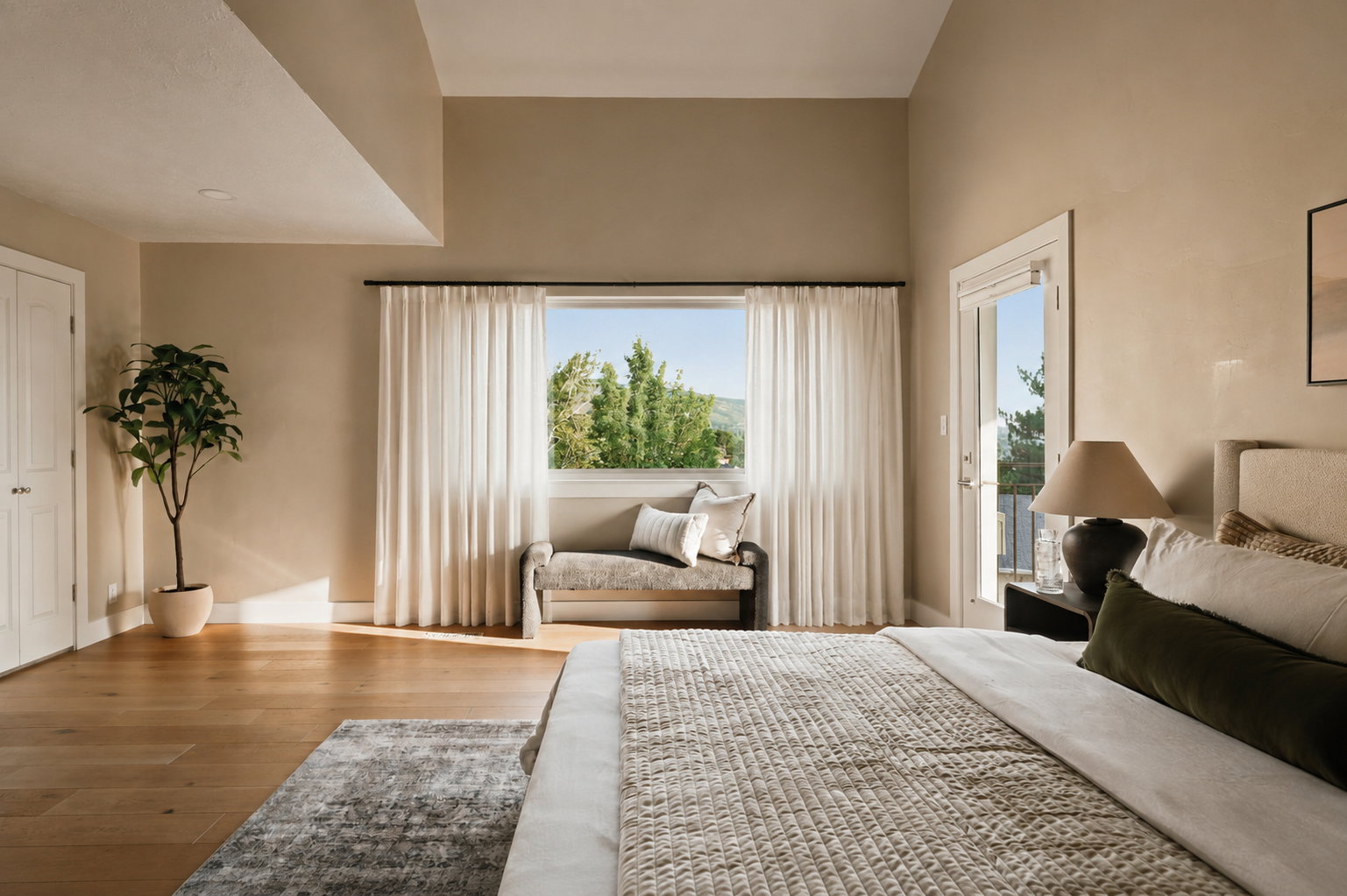 Spacious room with light wood-finish flooring and a neutral color palette