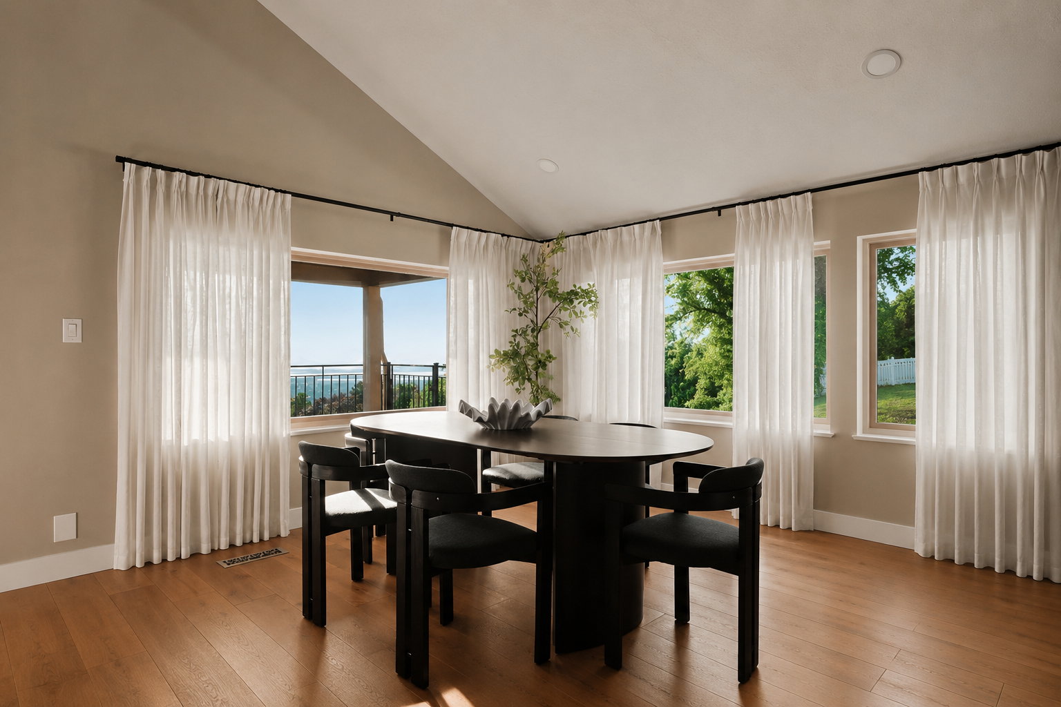 Vaulted ceiling dining area featuring light-toned walls, wood-finish flooring, recessed lighting, and multiple windows with sheer white drapery