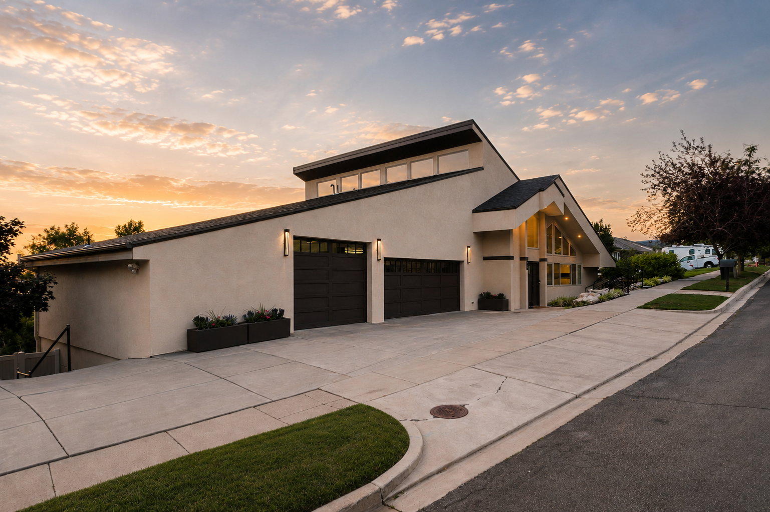 Modern stucco exterior with a distinctive angled roofline and a prominent two-car garage