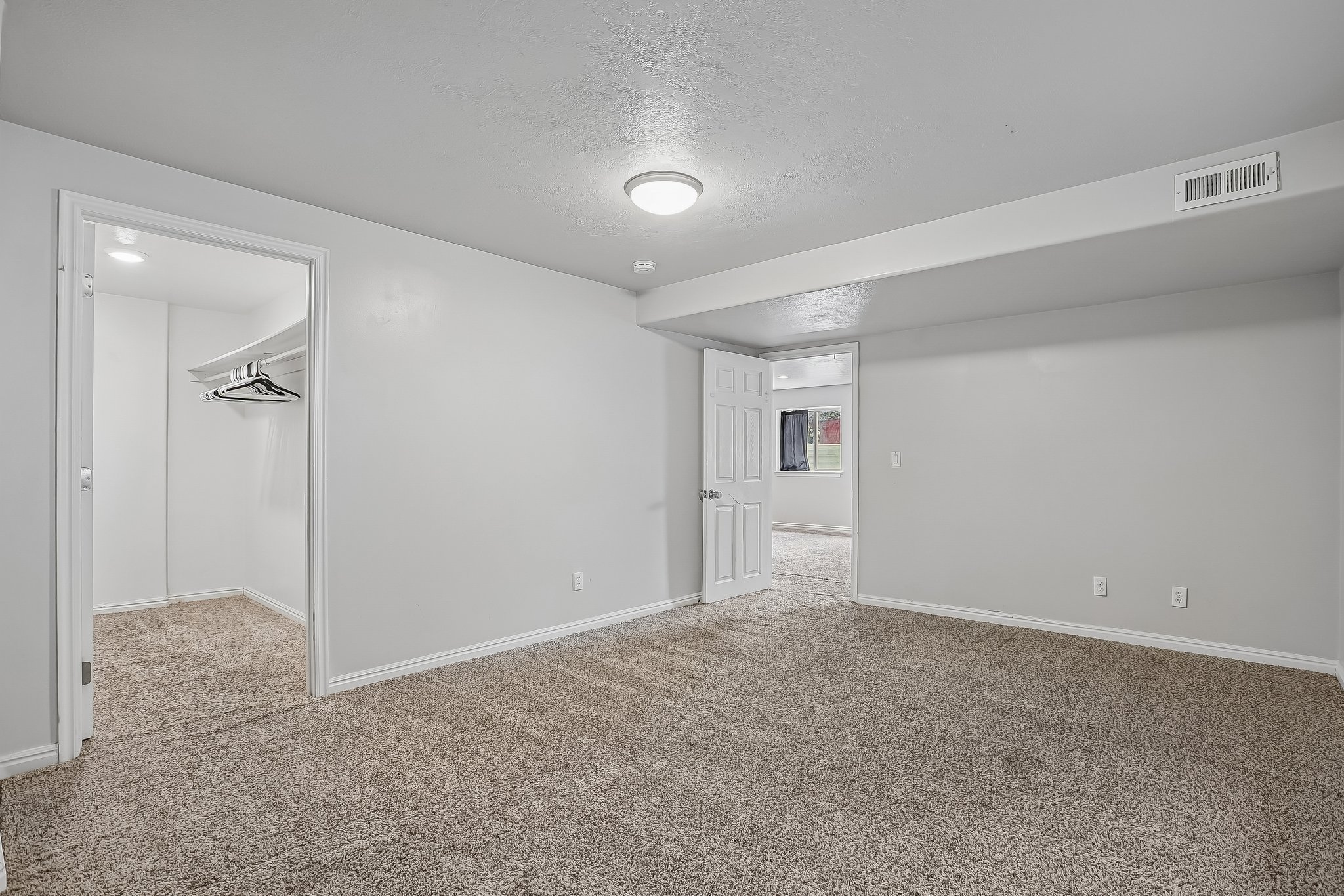 Carpeted room featuring a white interior door, a walk-in closet with built-in shelving, a flush mount ceiling light, and light gray wall paint