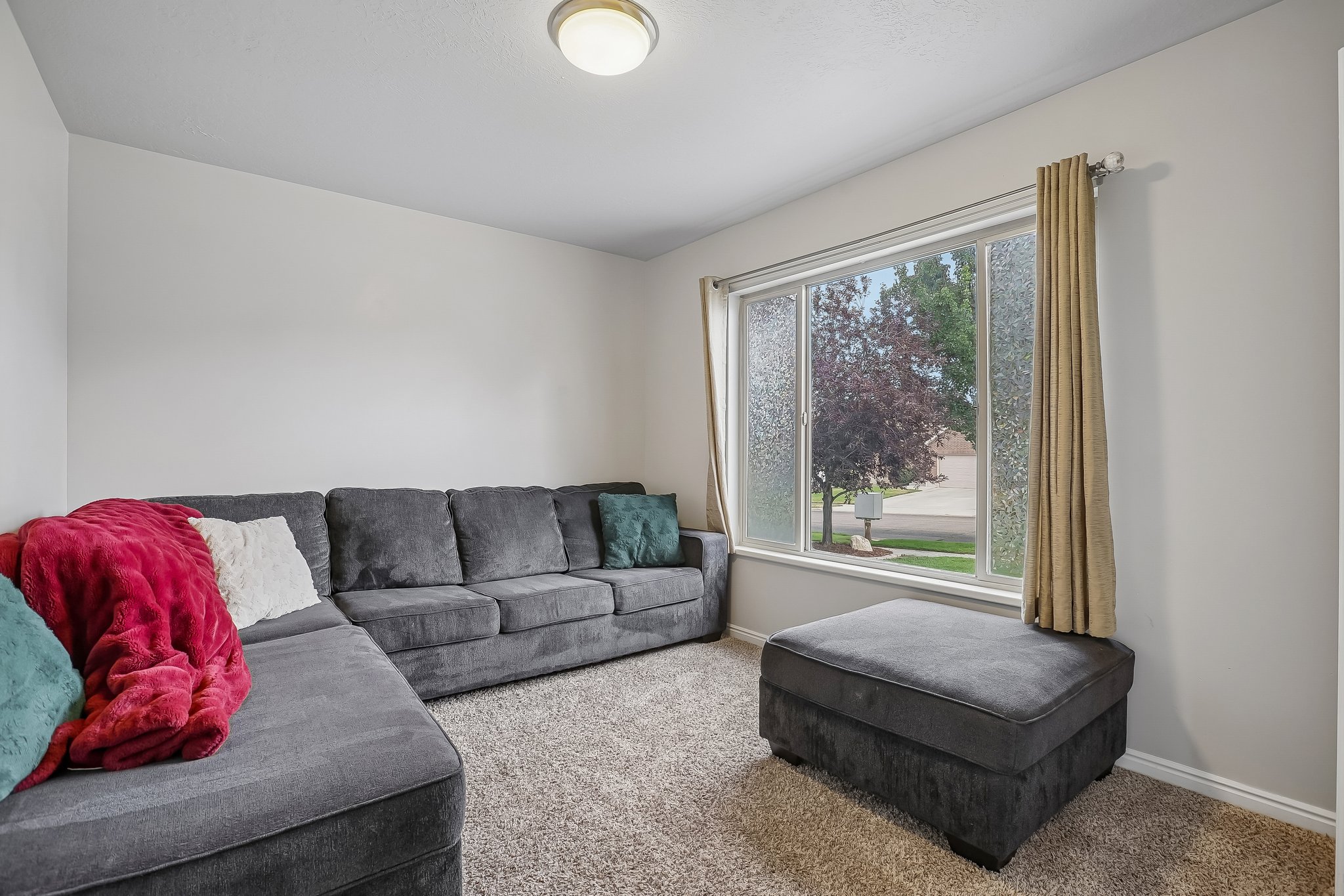 Bright interior space featuring a large picture window, neutral wall paint, ceiling-mounted light fixture, and textured carpeting