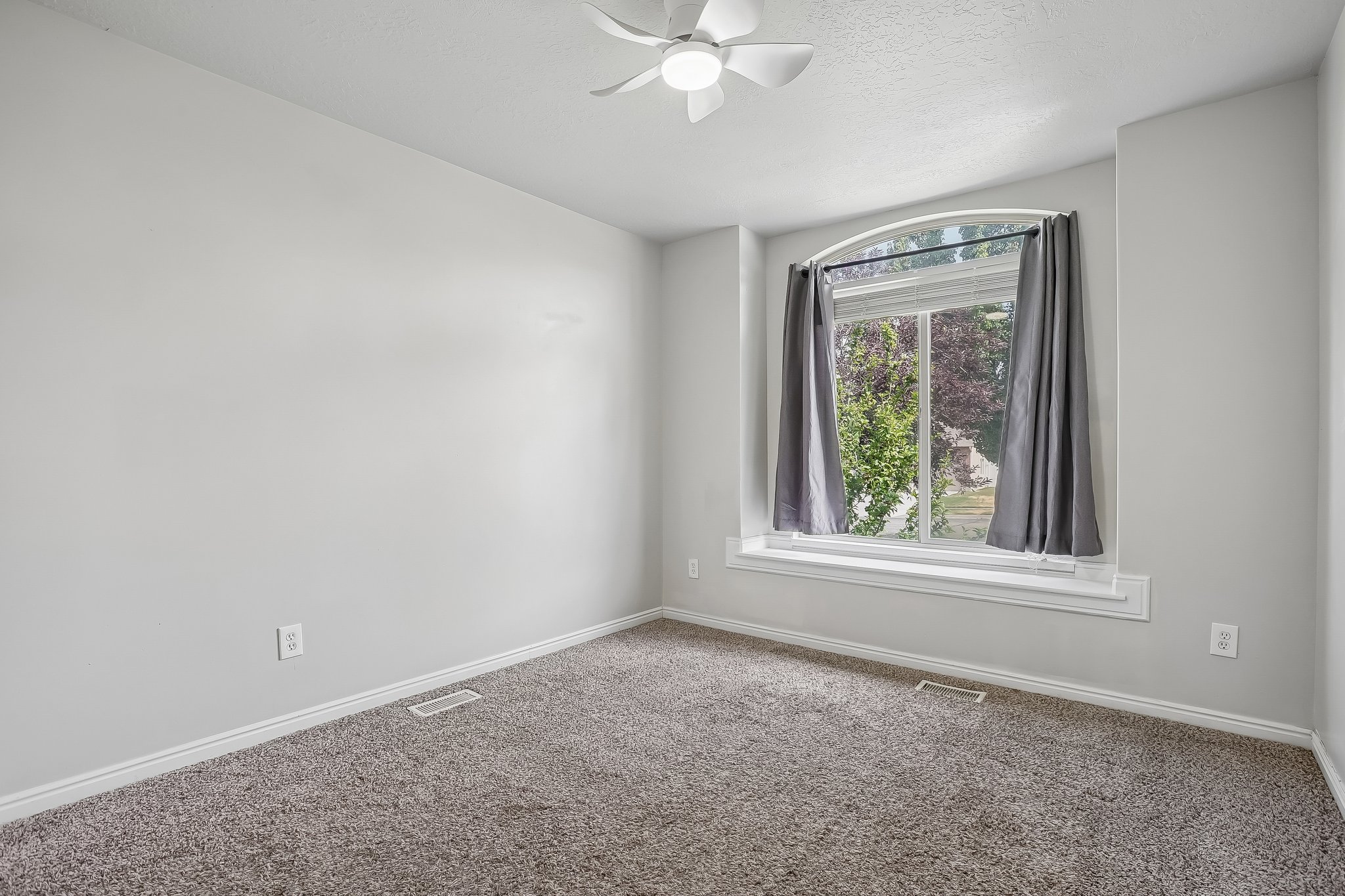 Carpeted room with a ceiling fan and a large arched window featuring white trim