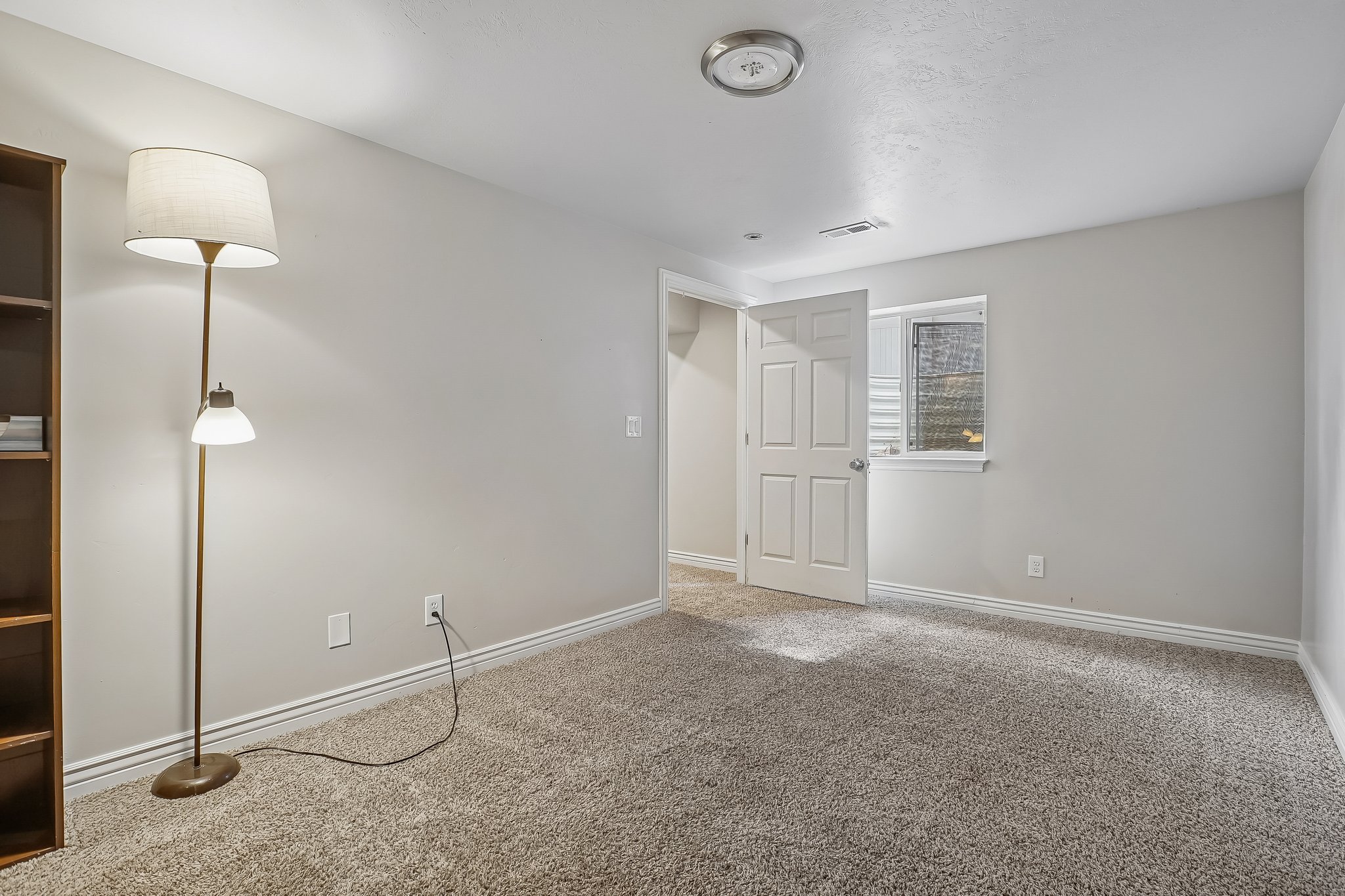 Neutral-toned room featuring light gray walls, plush carpet flooring, a white paneled door, and a single window with blinds