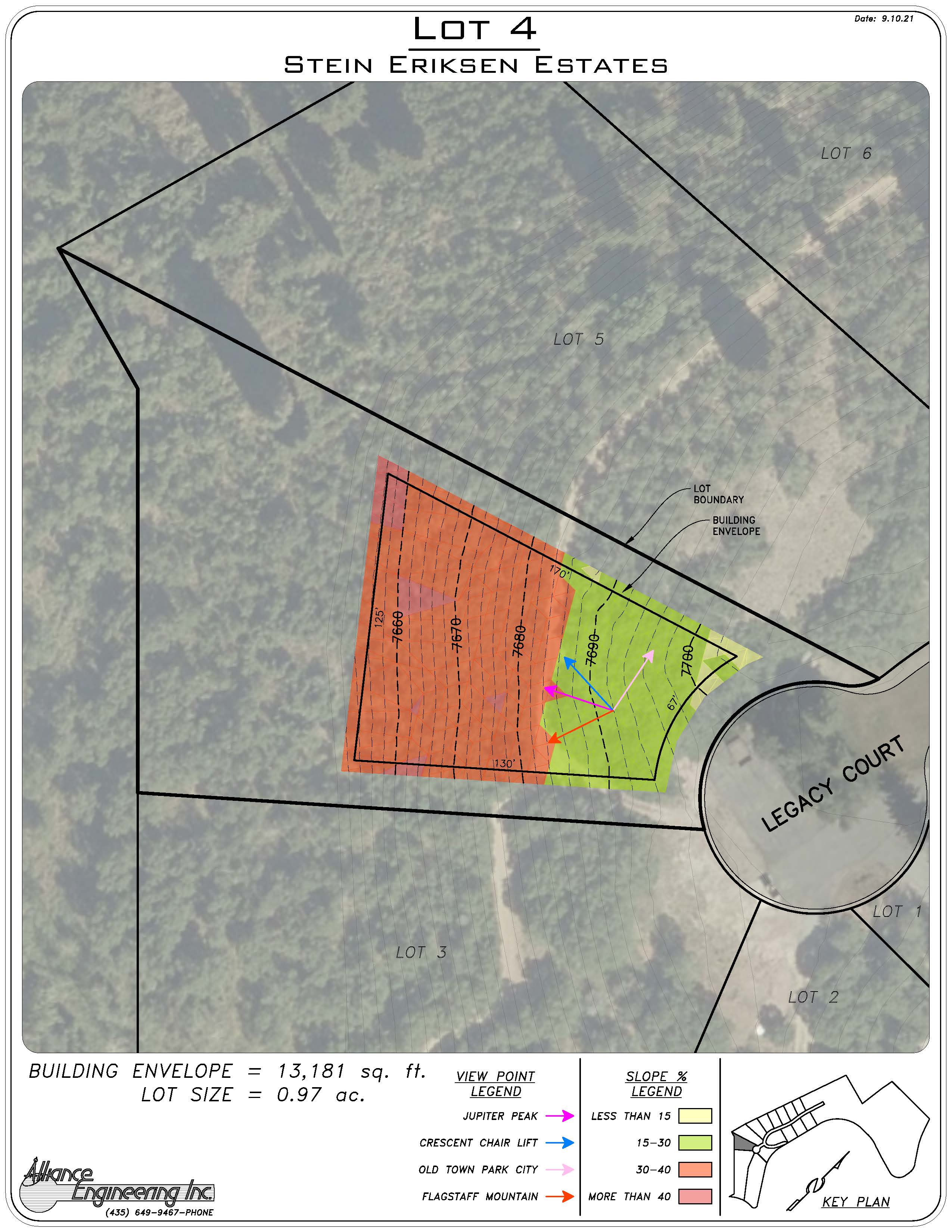 Site Plan. Illustrating the property's building envelope, lot size, and topographical features