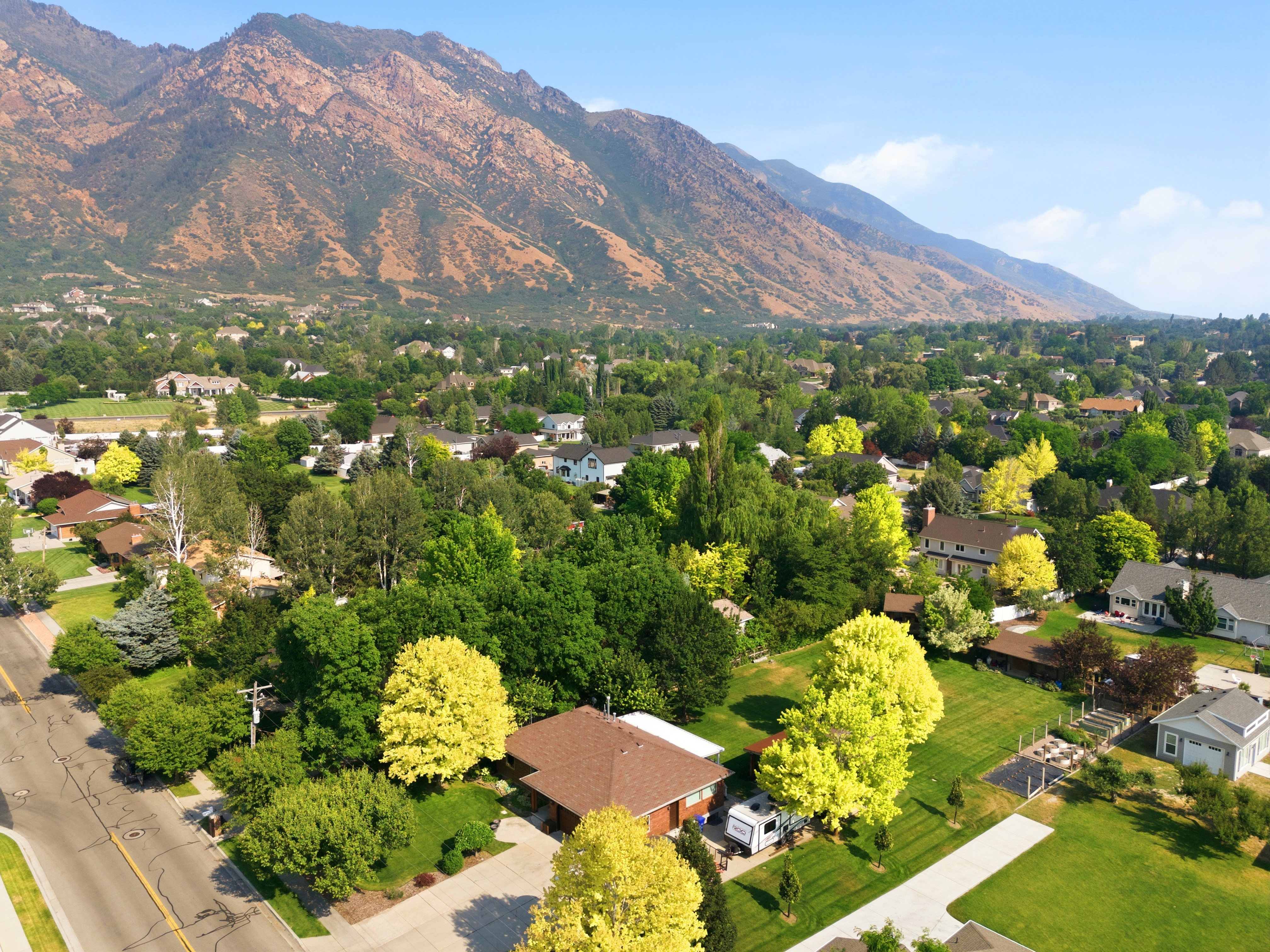 Residential neighborhood with mature trees and established landscaping, set against a prominent mountain range backdrop