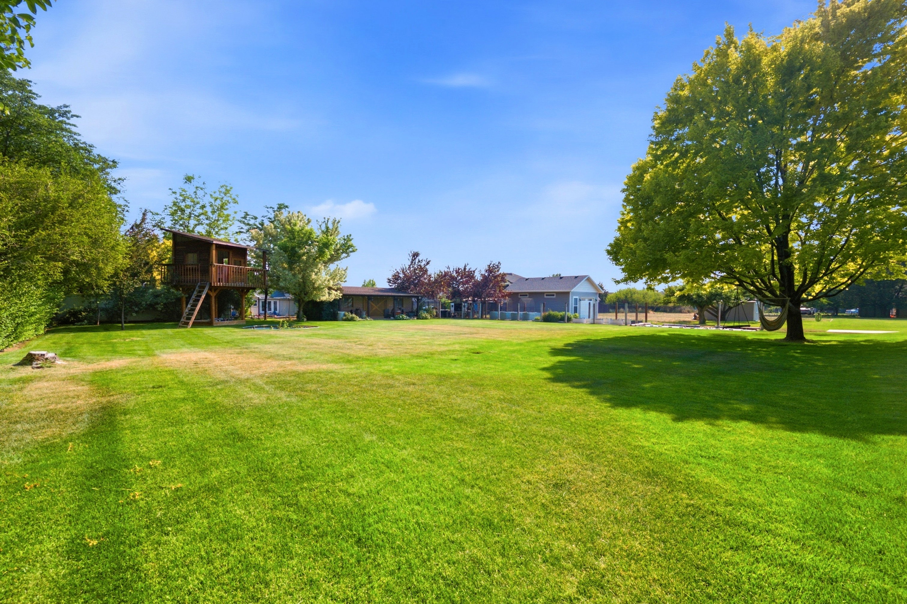 Expansive green lawn featuring mature trees and a multi-level wooden play structure