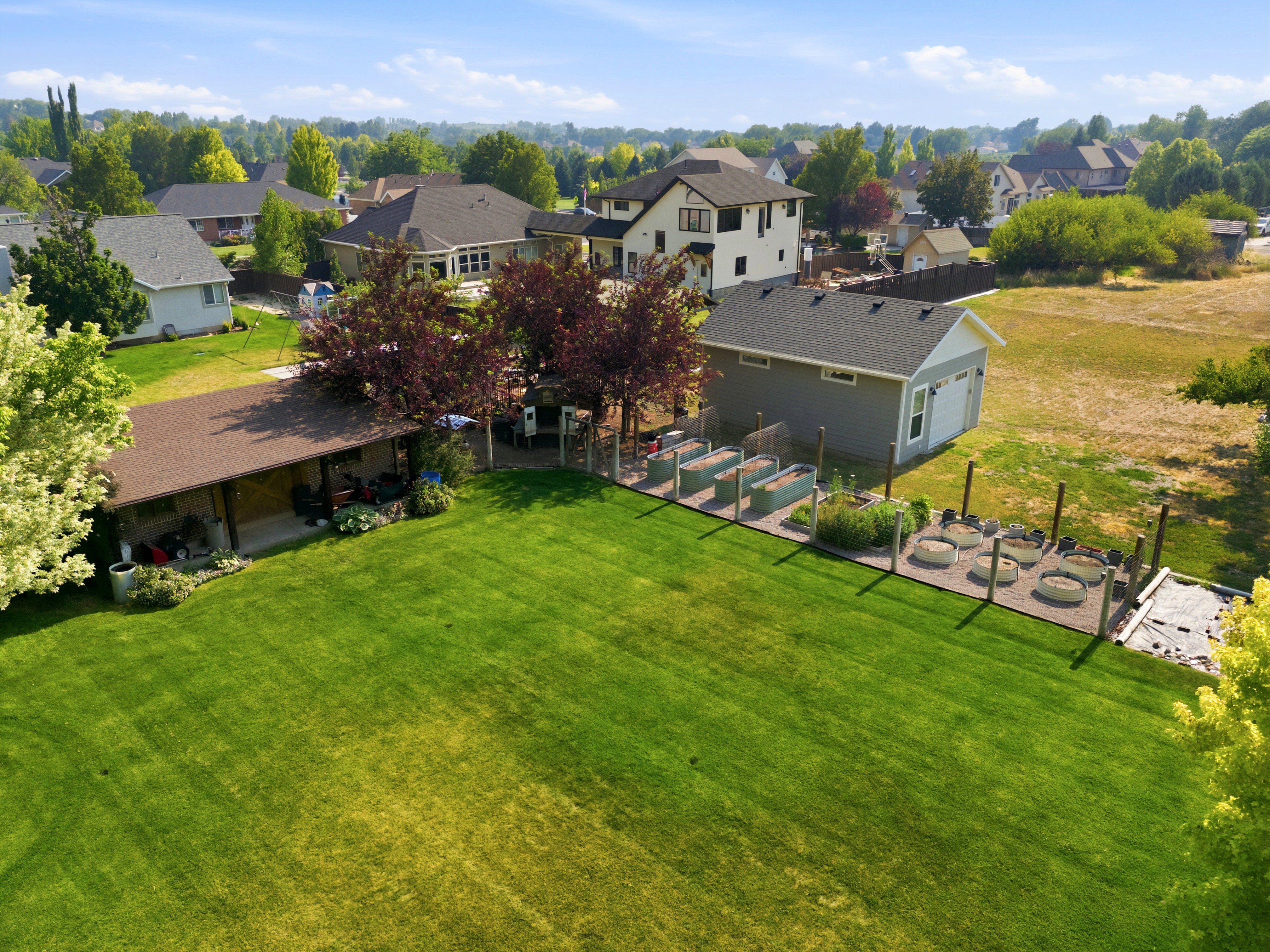 Expansive backyard featuring a manicured lawn, a covered patio, and mature trees