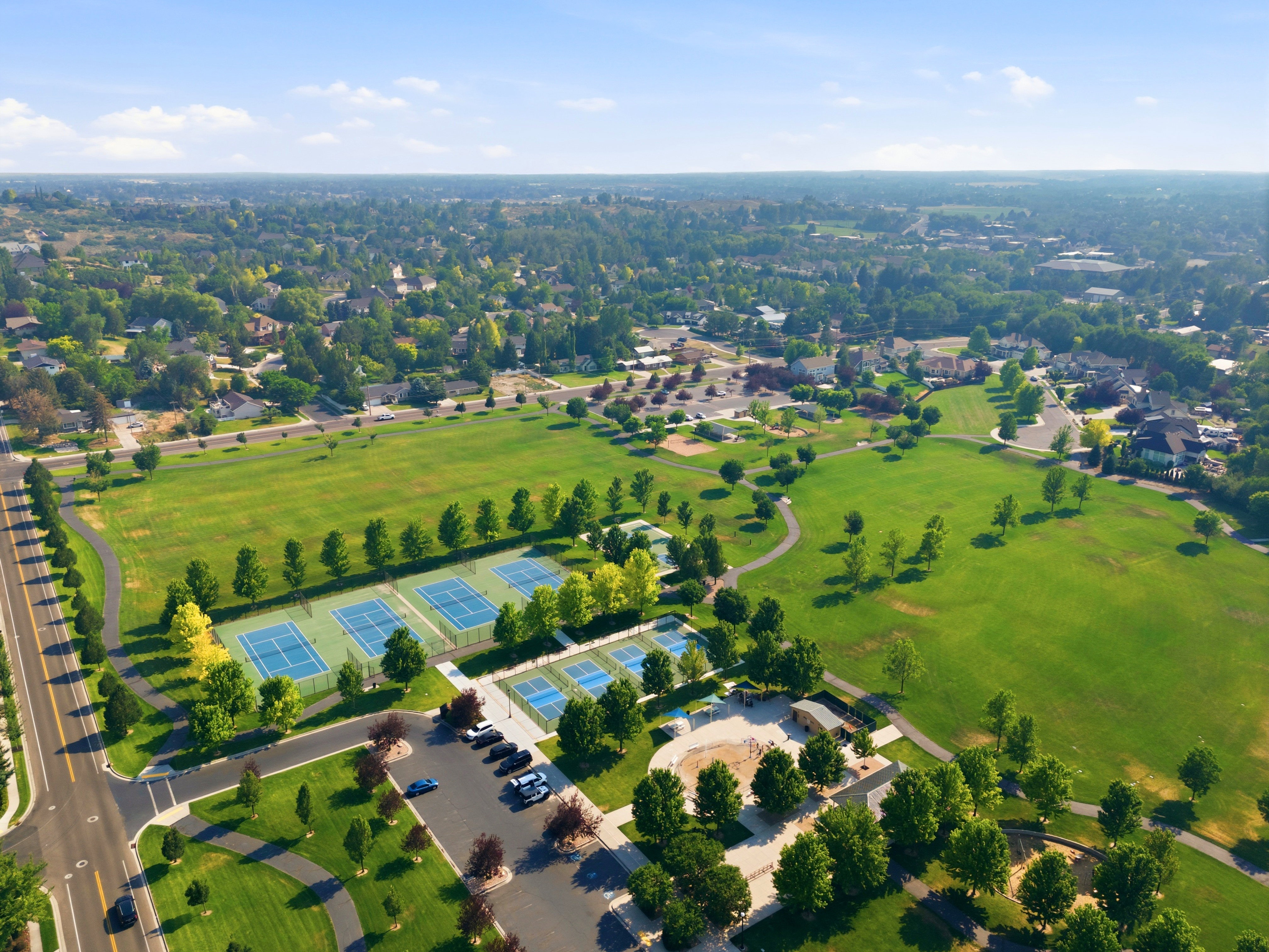 Expansive community park featuring multiple tennis courts, a large green space, a children's play area, and paved walking paths