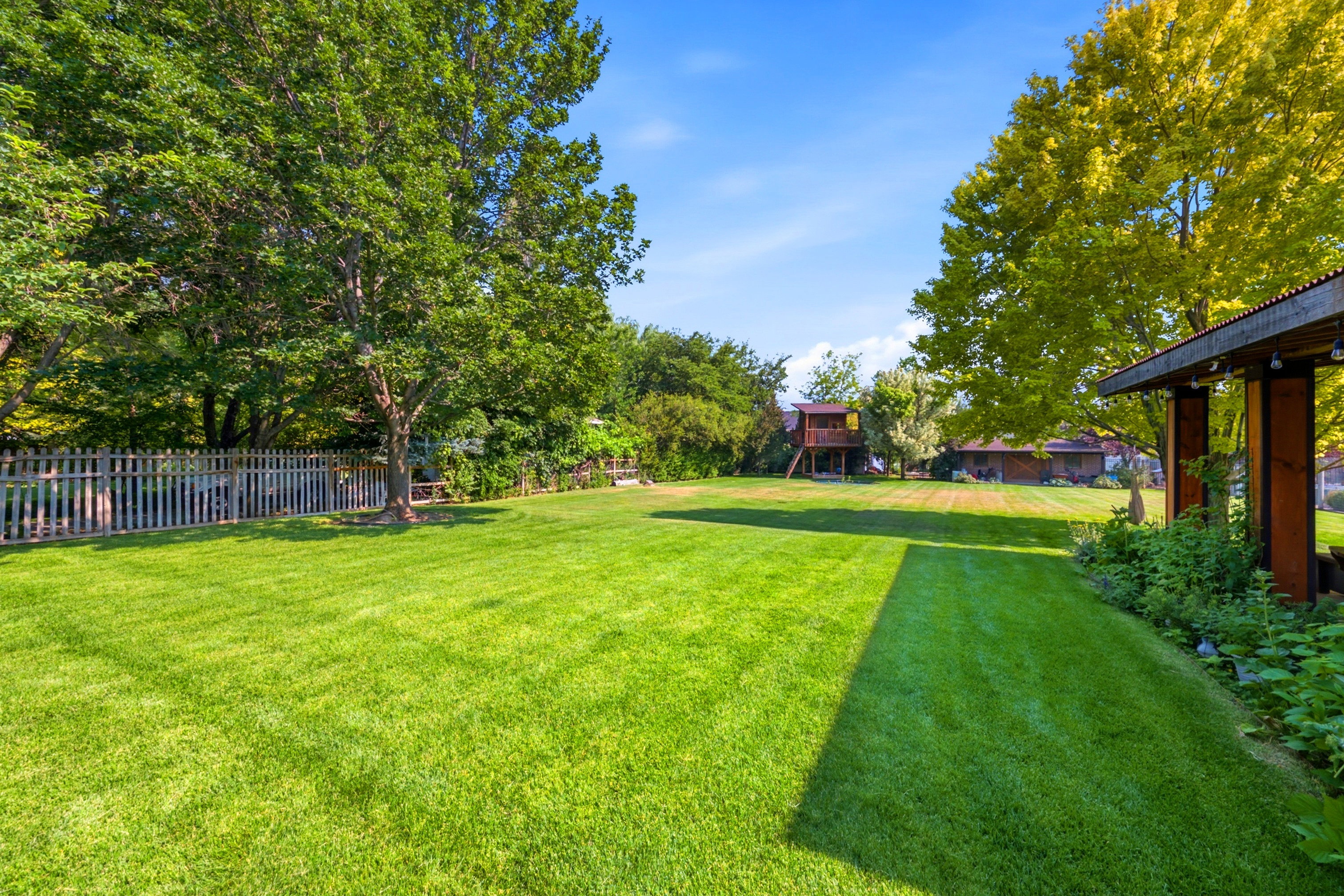 Expansive lawn bordered by mature trees and a picket fence