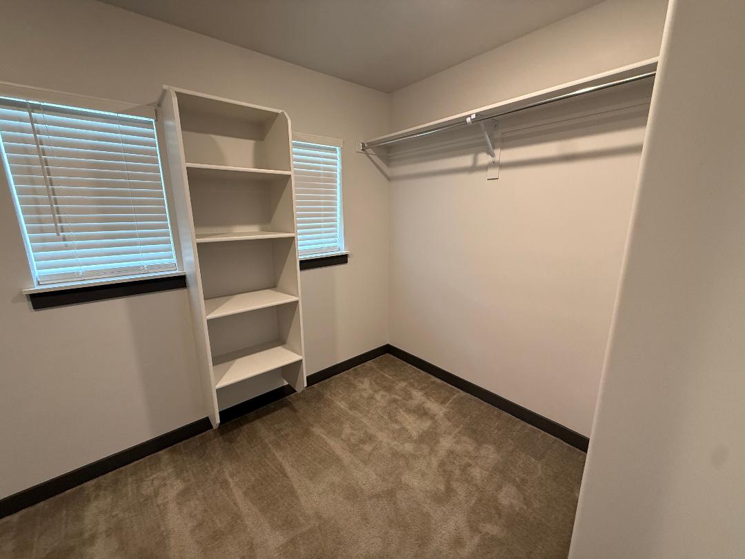 Carpeted interior space featuring dual windows with blinds walk-in-closet master bedroom