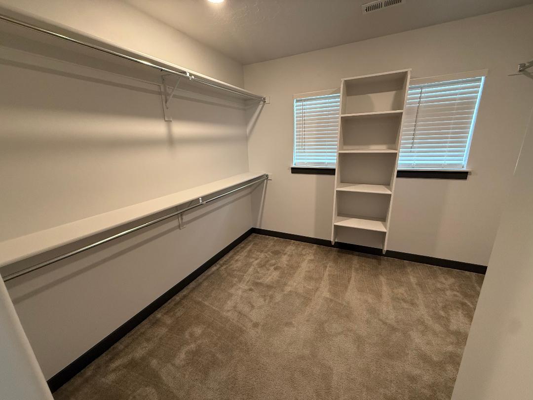Walk-in closet featuring carpet flooring, built-in shelving, two windows with blinds, and white walls with dark trim in master walk-in-closet