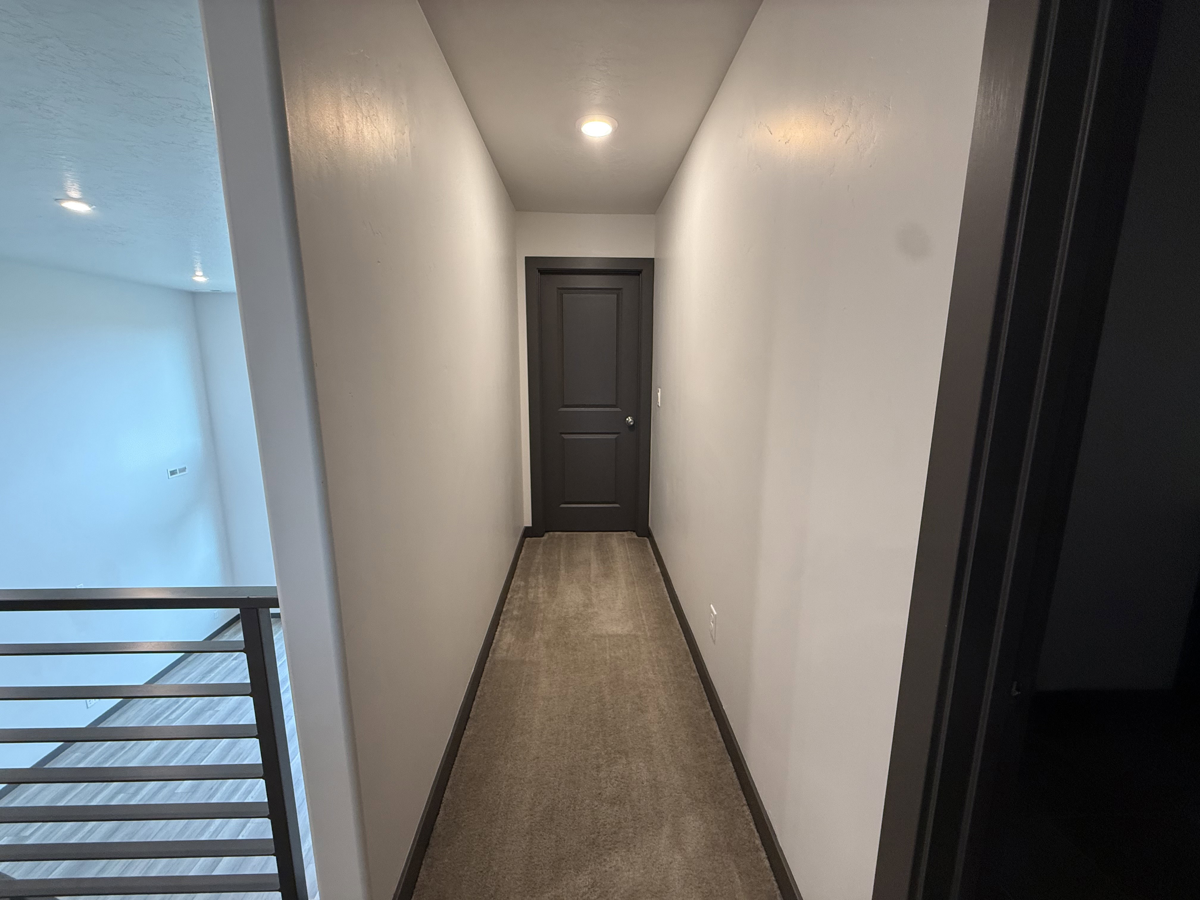 Hallway featuring recessed lighting, a dark paneled door, and neutral-toned carpeting