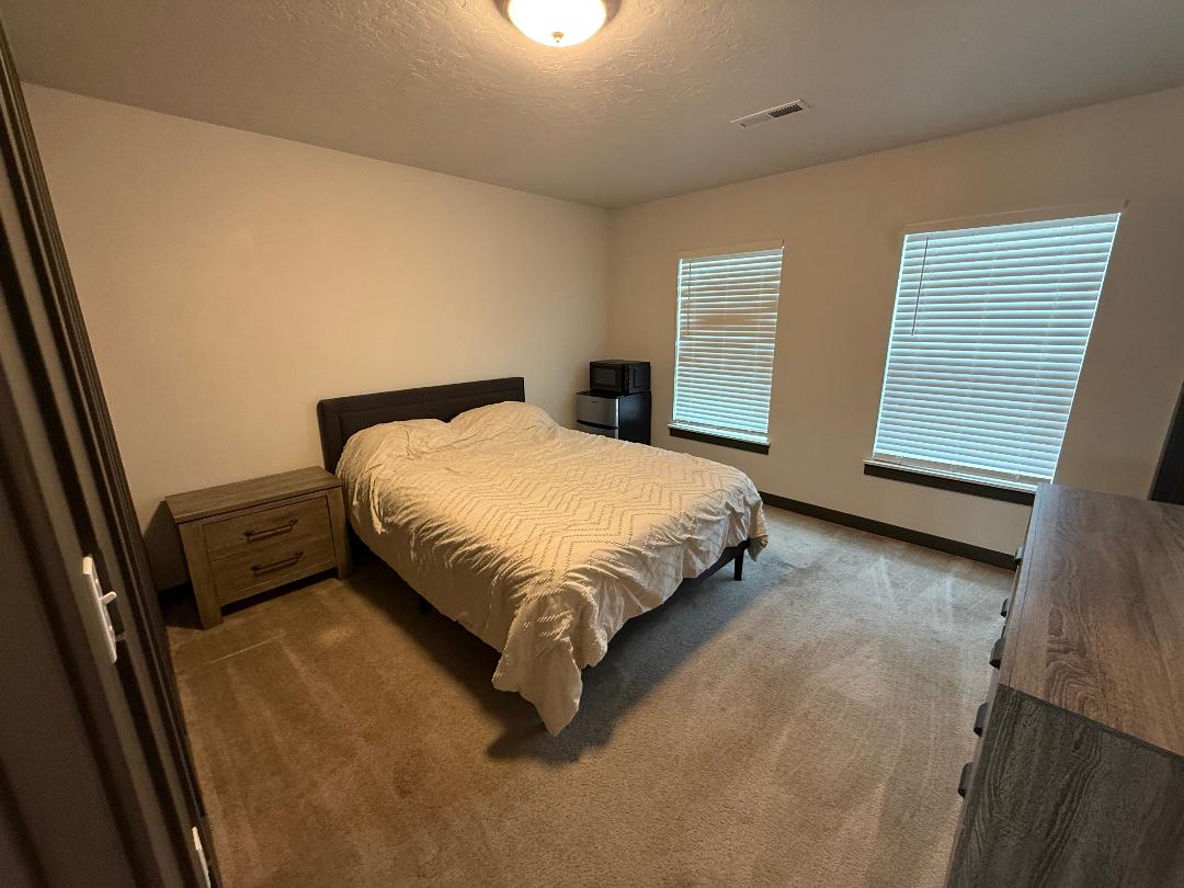Carpeted room with neutral walls, two windows featuring blinds, and a flush-mount ceiling light fixture